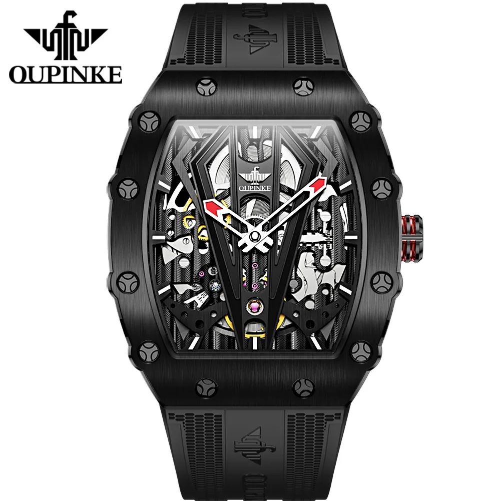 OUPINKE 3179 Automatikuhren für Herren, Silikonarmband, Saphirspiegel, wasserdicht, Skelett, Tonneau, mechanische Herren-Armbanduhr Image