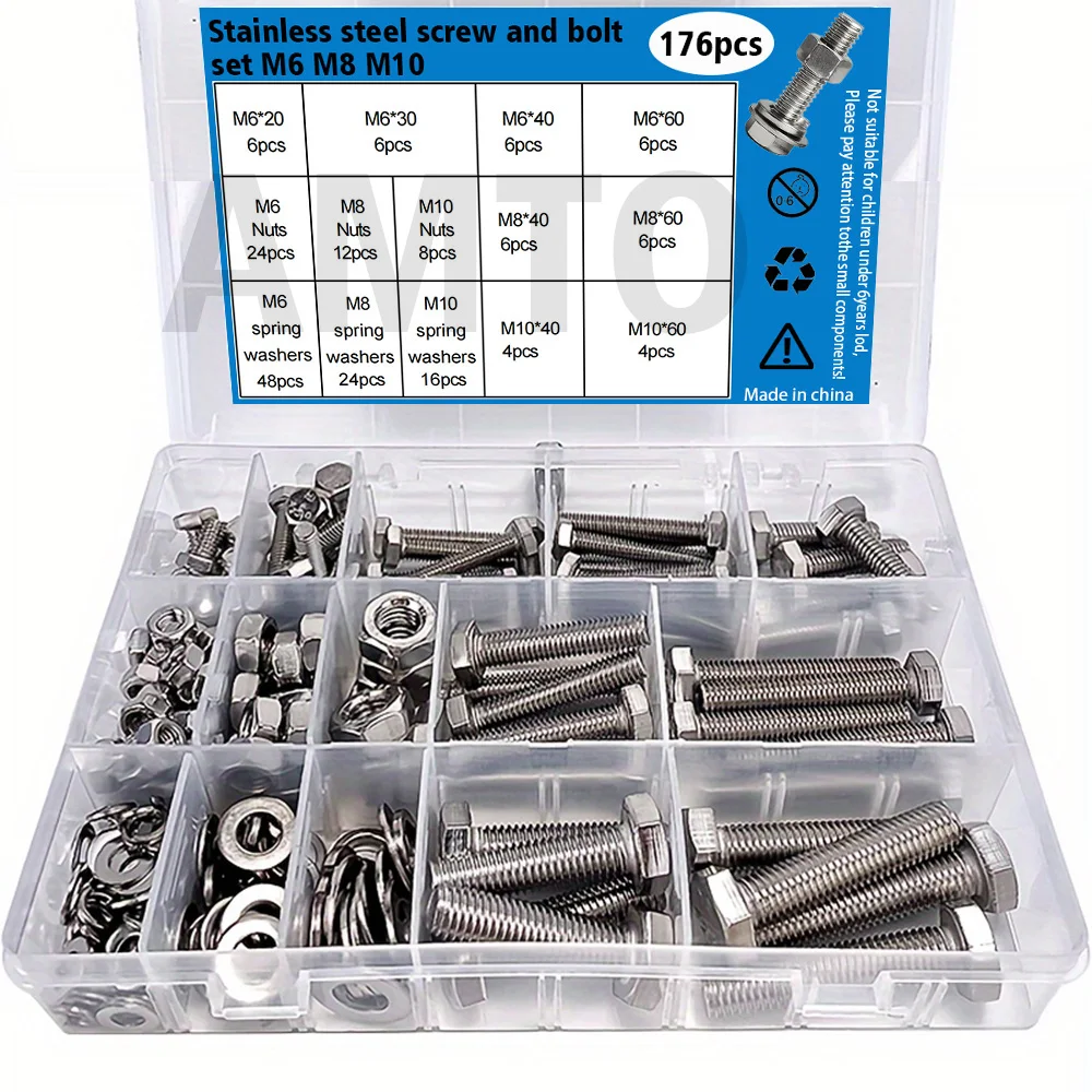 Set mit 176 Sechskantschrauben und Muttern aus Edelstahl, Größen M6, M8, M10 – Längen 20 mm, 30 mm, 40 mm, 60 mm. Image