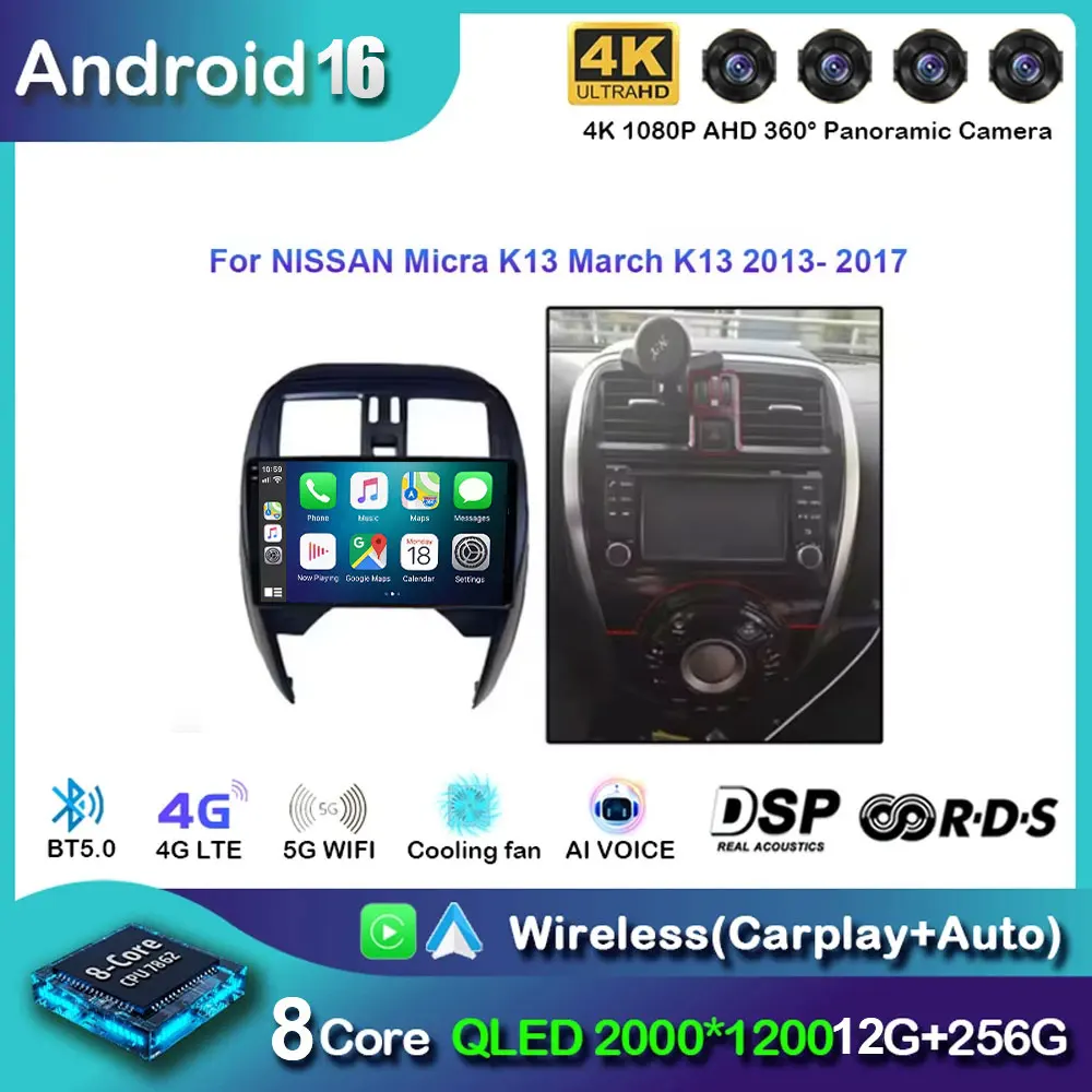 Für NISSAN Micra K13 March K13 2013-2017 Auto Radio Stereo Headunit Multimedia-Player WIFI GPS-Navigation BT Android 16 Carplay Image