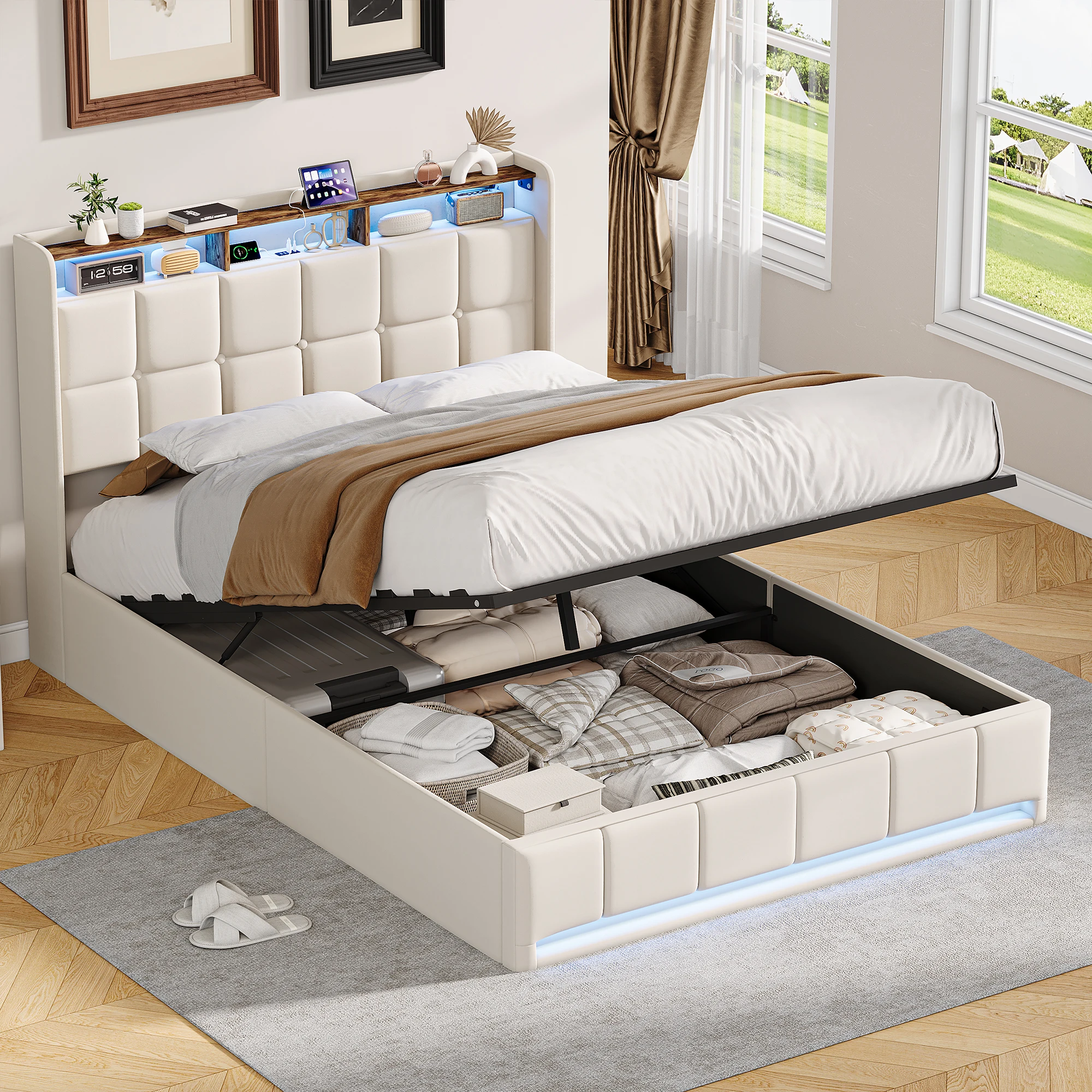 Polsterbett 140x190, Doppelbett mit Aufbewahrungsraum und Scheibenrahmen, Bett 140 x 190 cm LED-Kopfplatte mit USB-Ladefunktion Image