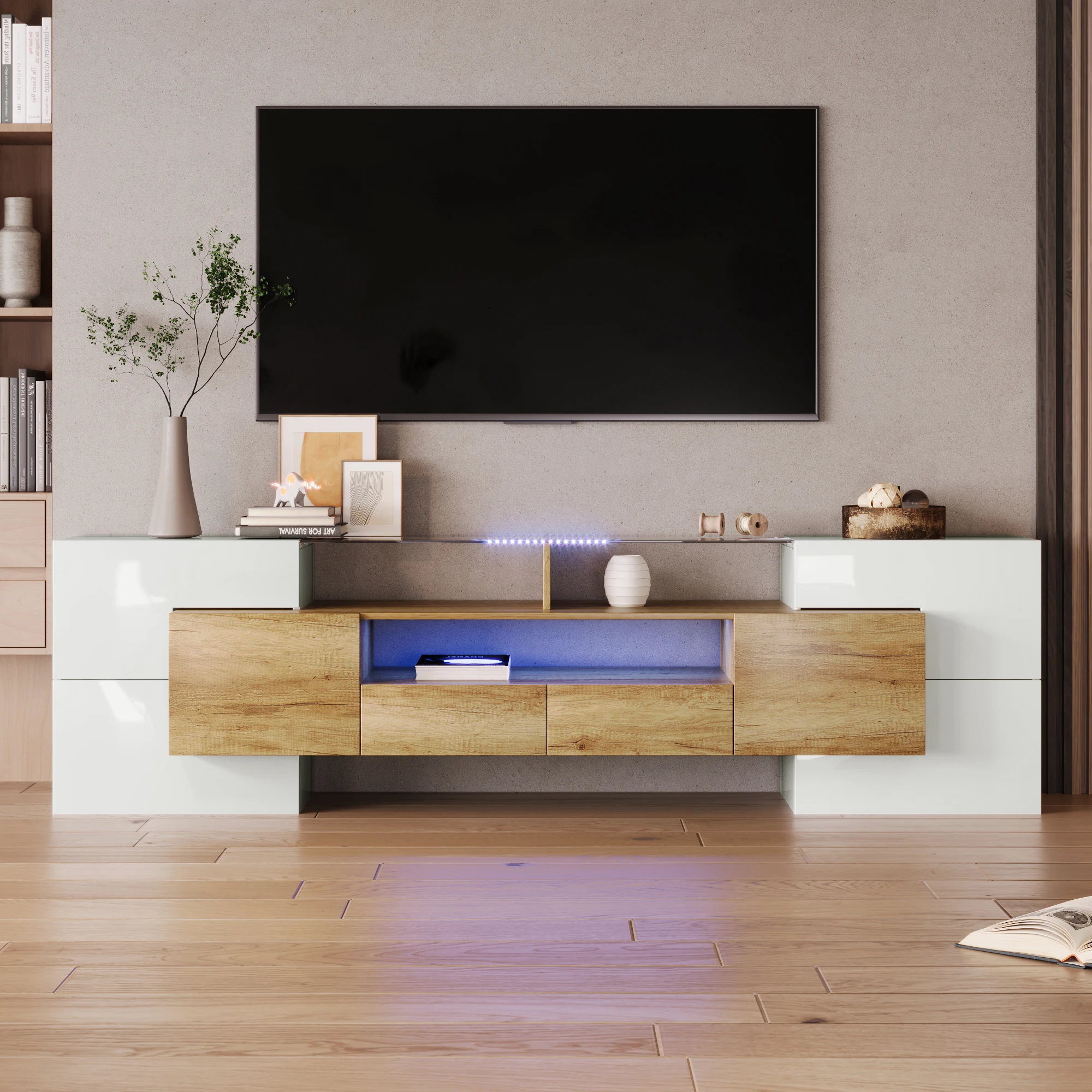 Anajqaqia 200×35×60 cm TV-Ständer, moderner TV-Schrank, Hochglanzweiß, LED-Beleuchtung und Aufbewahrungsschubladen, Wohnzimmermöbel