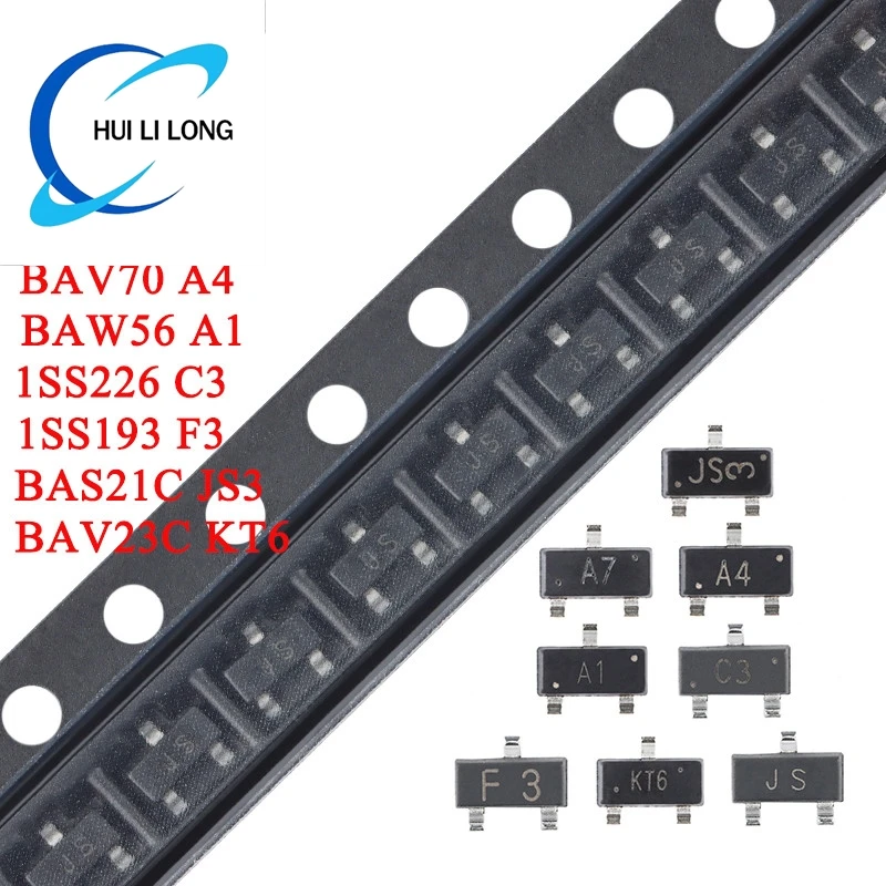 100 teile/los BAW56 A1 BAV70 A4 BAV99 A7 BAV23C KT6 BAS21C JS3 BAS21 JS 1SS226 C3 1SS193 F3 SOT-23 SMD Schalter Dioden Image