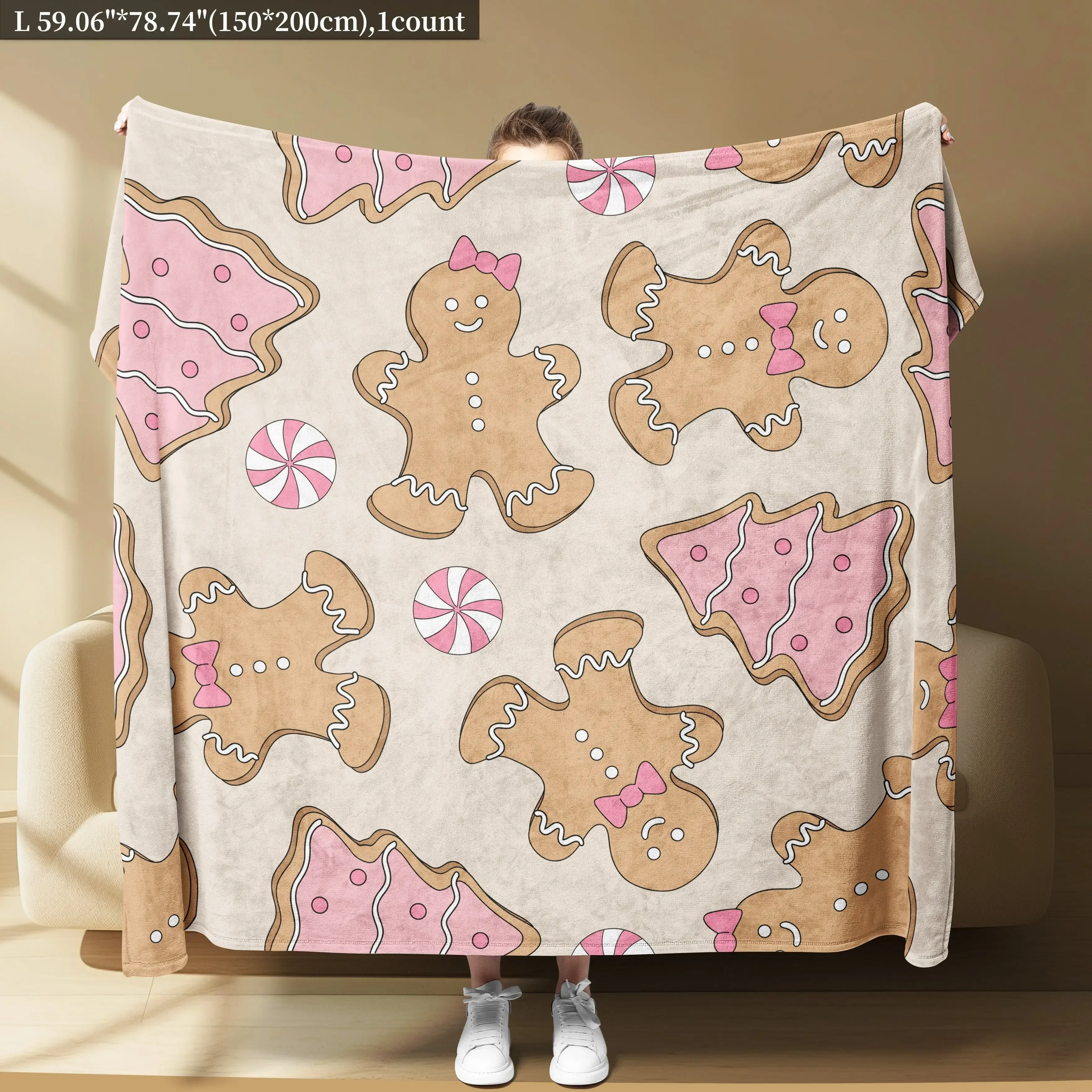 1 Stück Flanelldecke, rosa Lebkuchenkeksmuster mit Weihnachtsthema, kann für Sofa, Mittagspause, Reisen, Weihnachtsgeschenk verwendet werden Image