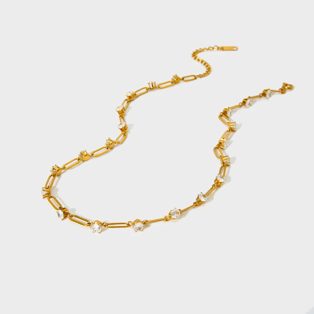 Dainty gioielli 18K placcato oro in acciaio inox Paperclip catena rotonda zircone cubico Charms girocollo collana per le donne