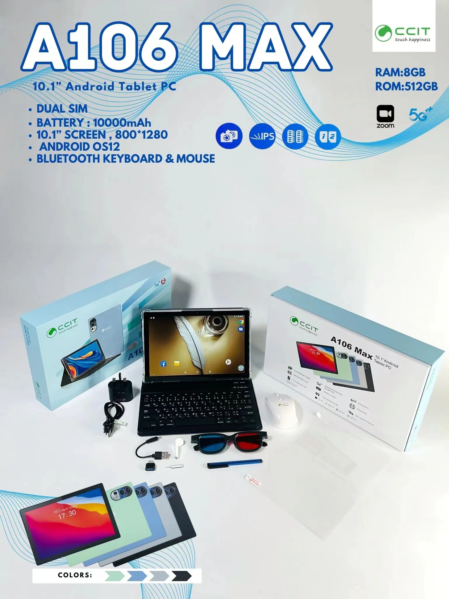 Bestseller Tablet PC Android OS12 da 10.1 Pollici con Tastiera Bluetooth e Mouse RAM 8GB ROM 512GB Batteria da 10000mAh