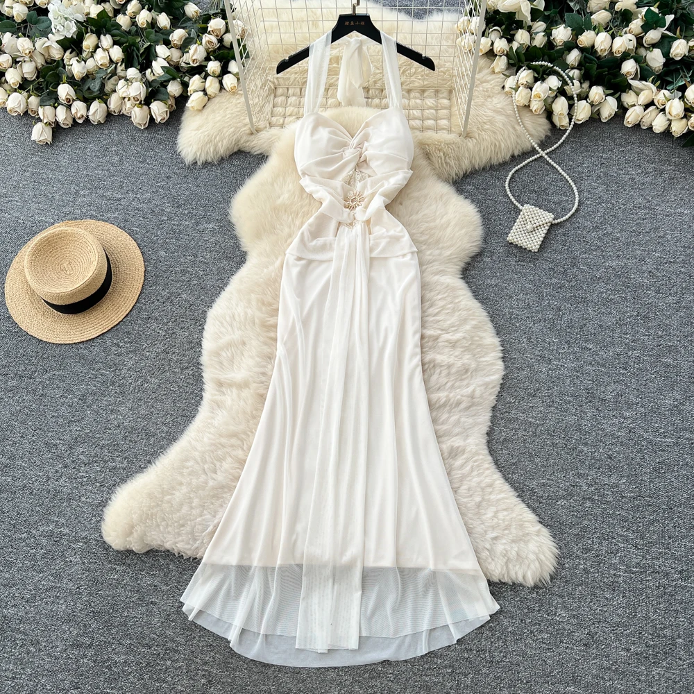 Abito lungo estivo elegante da donna con scollo all'americana senza maniche stile impero senza schienale in rete