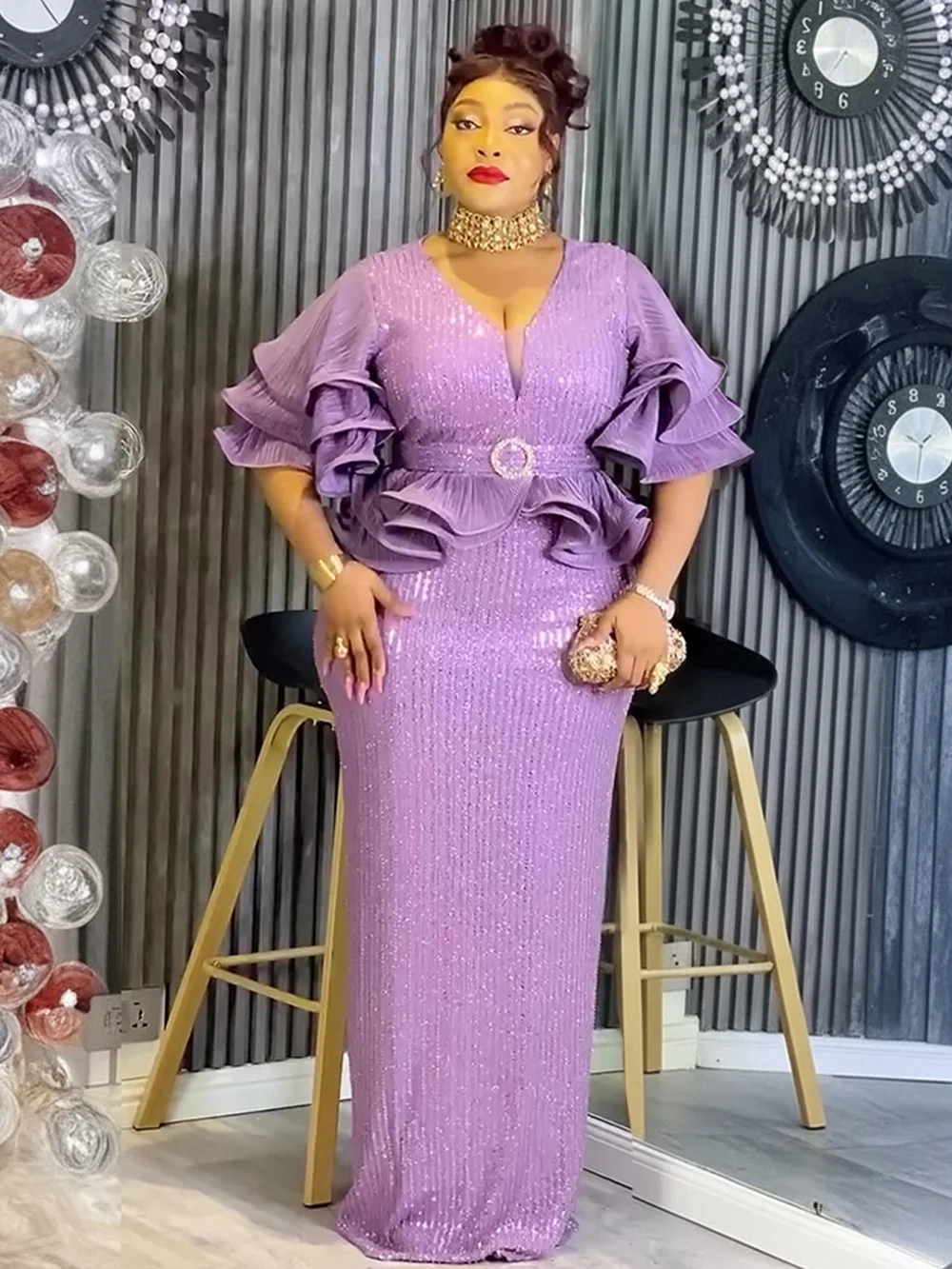 Abito con Paillettes Aderente di Moda Europea e Americana per l'Autunno e l'Inverno Vendita Calda Taglie Grandi per Donne Eleganti