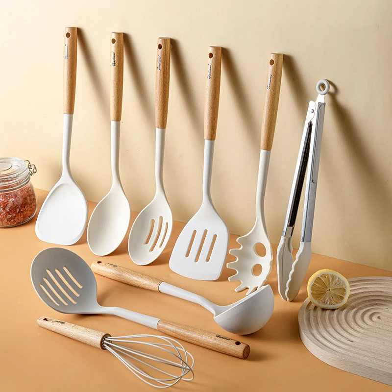 10 pz classico di lusso utensili da cucina utensili da cucina gadget roba in legno accessori da cucina in silicone Set di utensili da cucina manico in legno