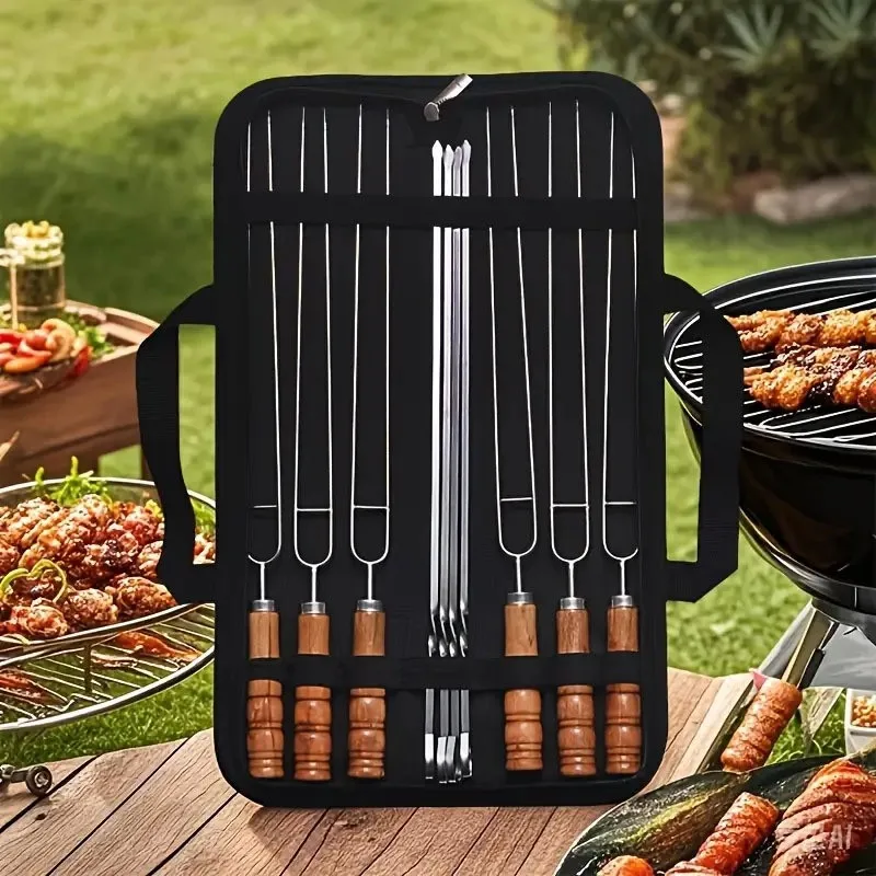 Set da Barbecue da Esterno con Doppia Forchetta Dieci Pezzi Spiedini in Acciaio Inox Manico in Legno Set di Utensili per Barbecue con Doppia Etichetta e Borsa