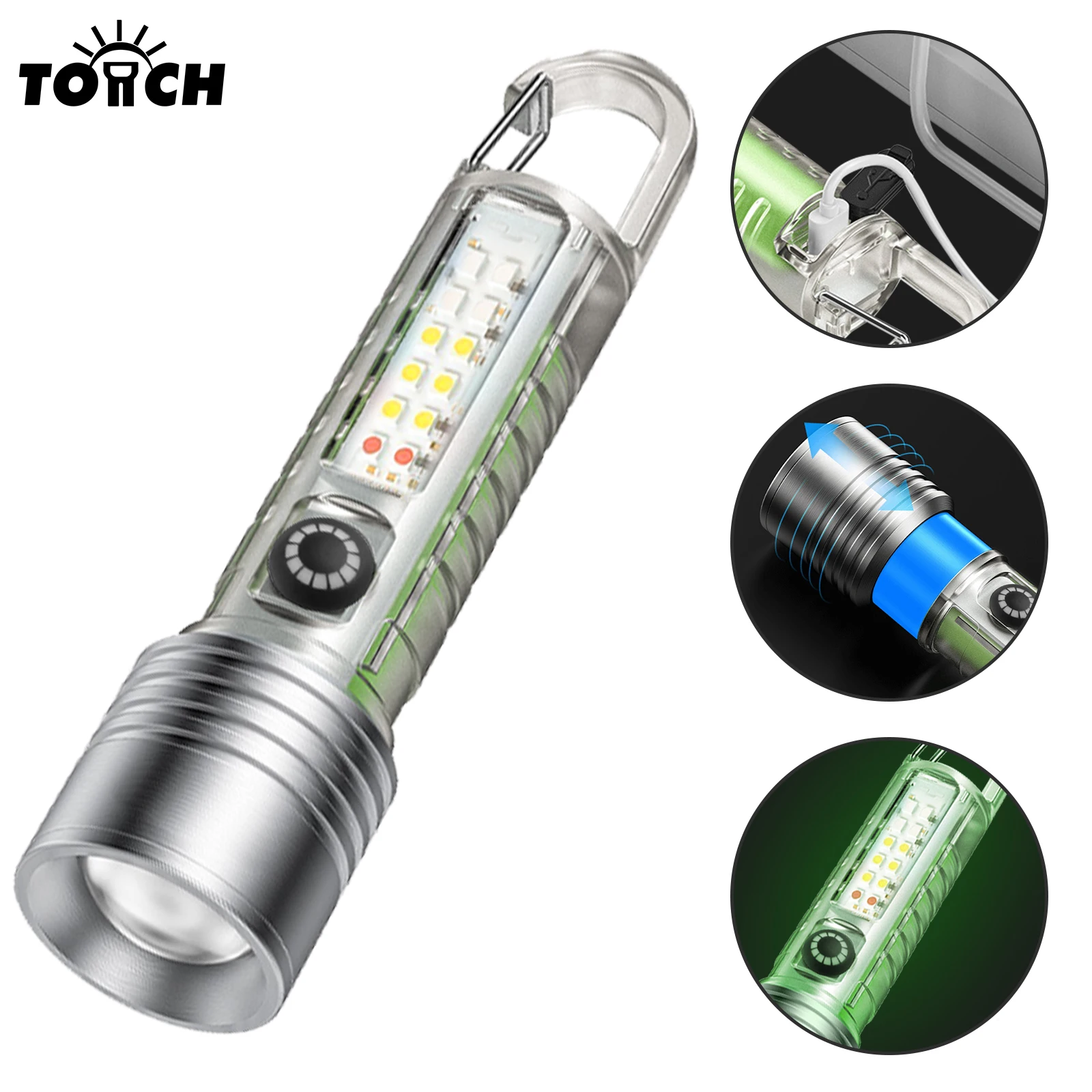 Portachiavi multifunzione a LED torcia luminosa luminosa UV Blacklight da esterno portatile USB torcia ricaricabile con spia