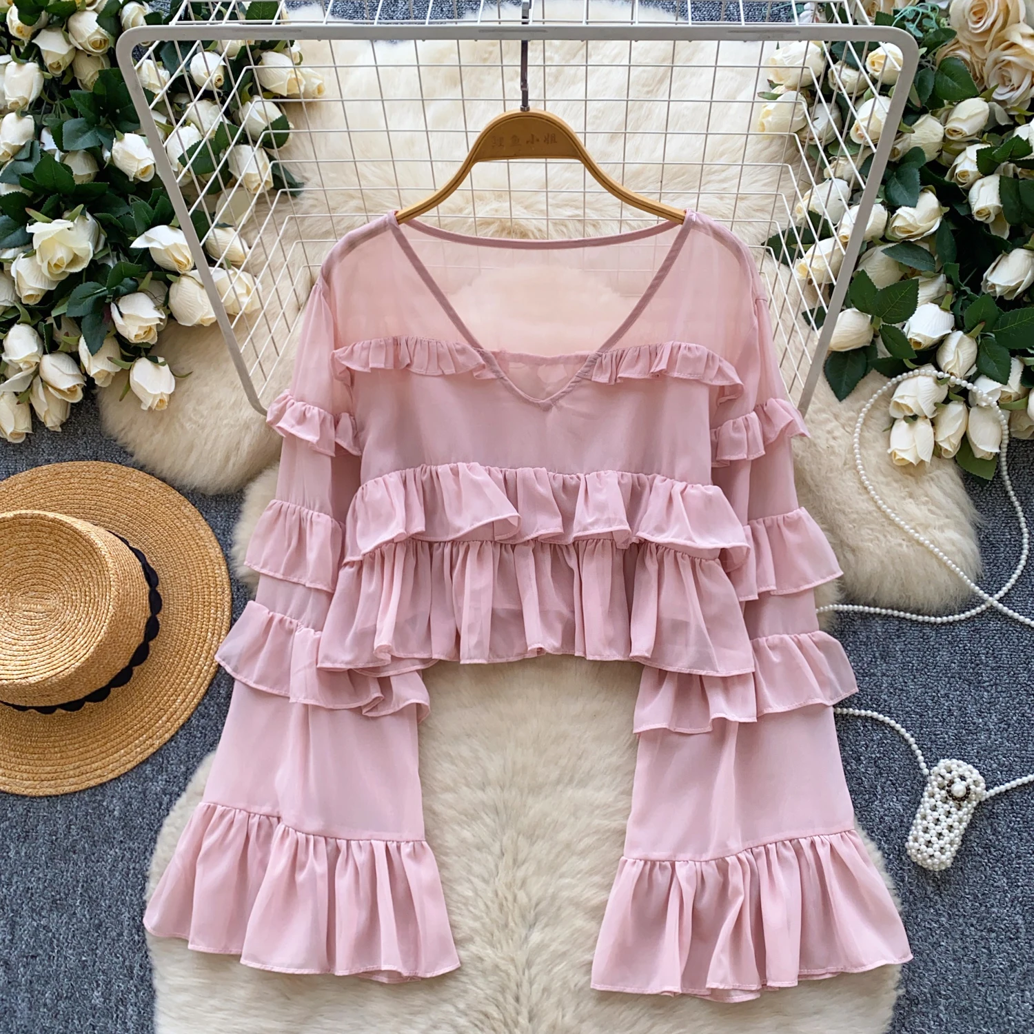 Autunno a maniche lunghe con scollo a V eleganti camicette in Chiffon da donna manica svasata tinta unita con volant camicie da donna eleganti top vestiti da donna