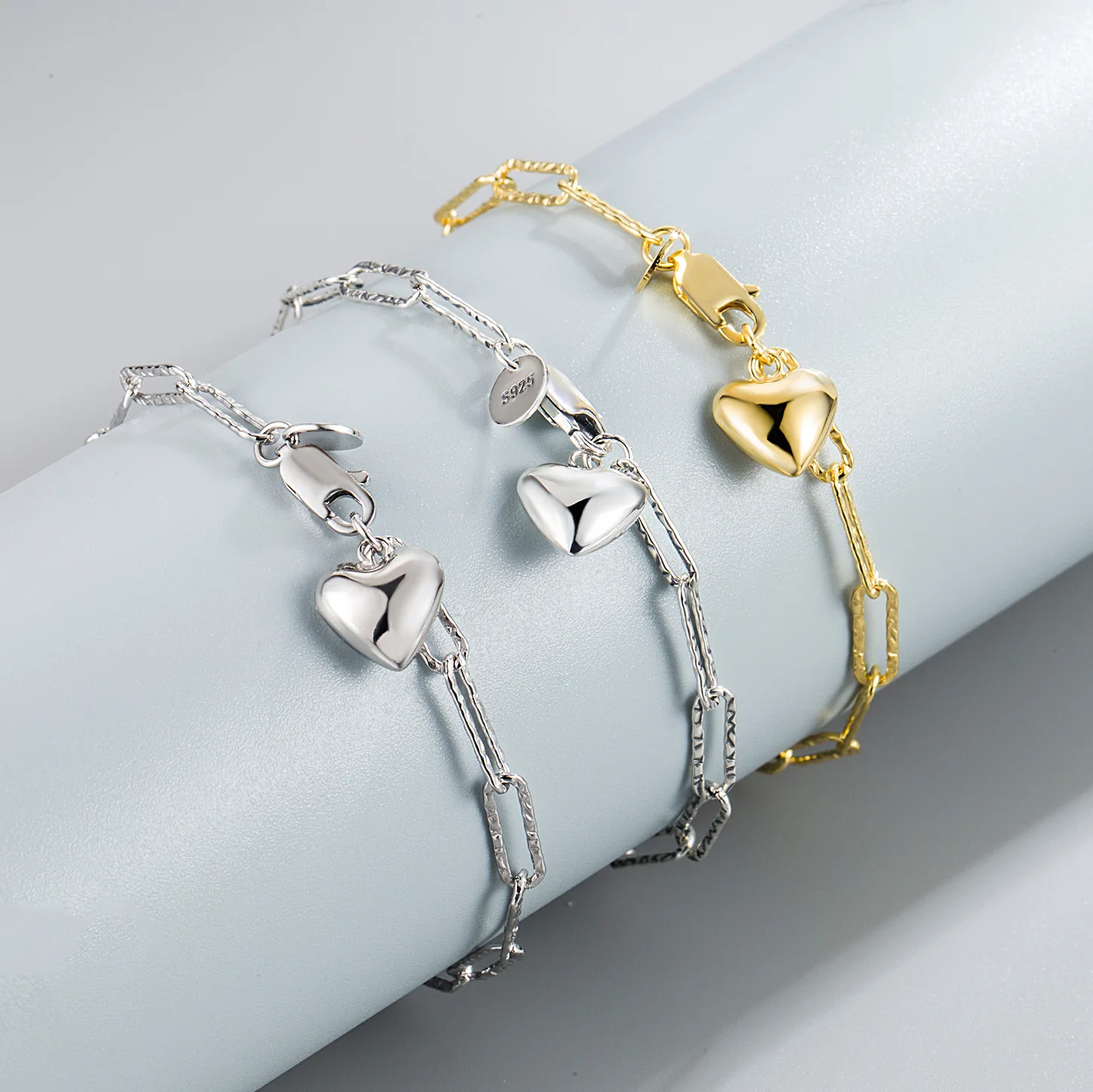 Bracciale con ciondoli a forma di cuore gonfio 925 argento graffetta a maglia bracciale a catena per le donne gioielli da regalo