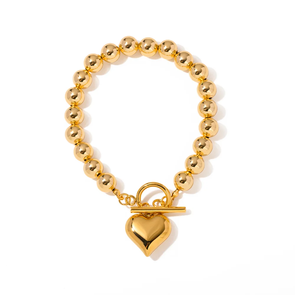 Bracciale N&S Elegante con Perle a Cuore 3D e Chiusura OT in Acciaio Inossidabile Placcato Oro 18K Gioiello Alla Moda per Regali