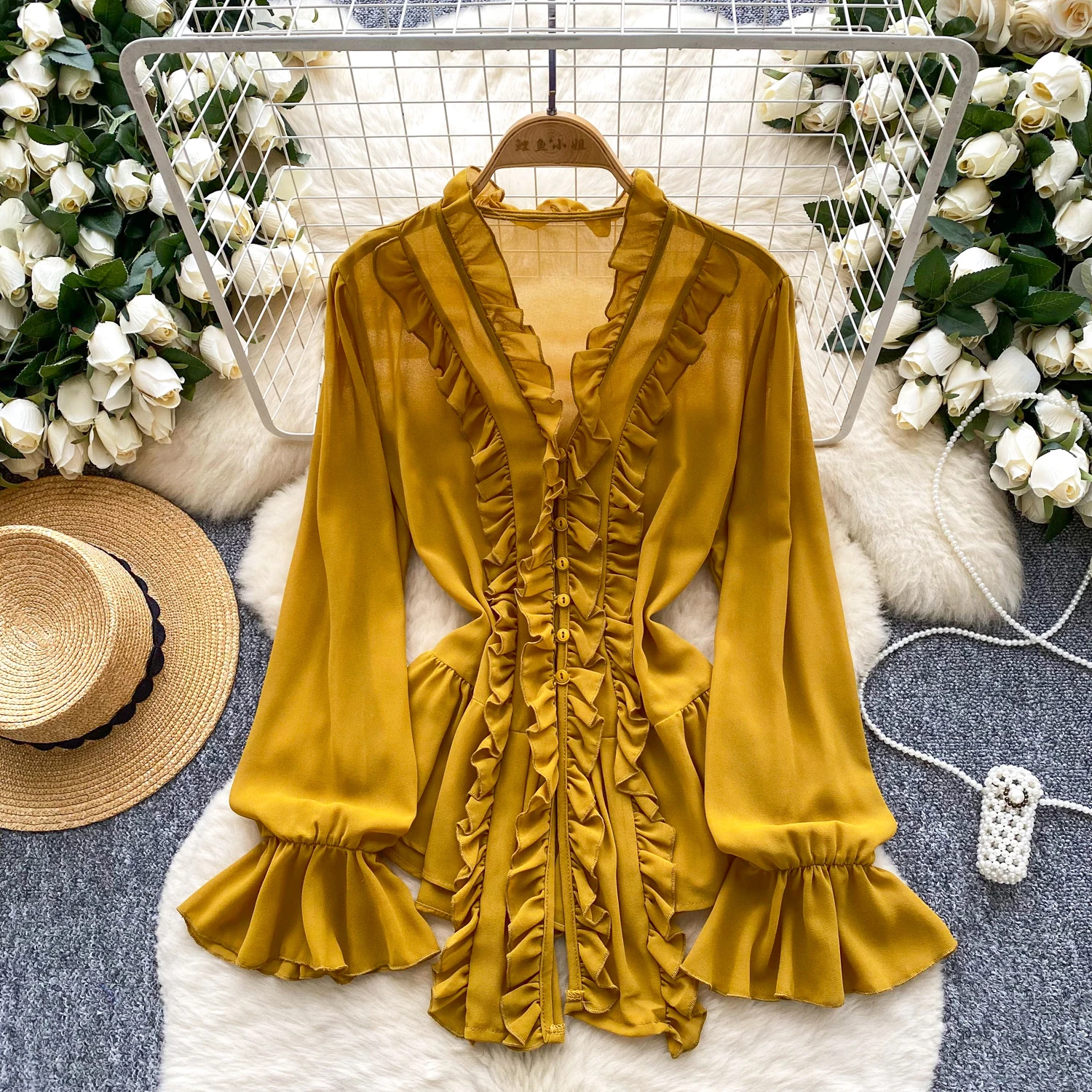 Camicette autunnali a maniche lunghe in Mesh Casual da donna con maniche a lanterna e volant camicie da donna eleganti top vestiti all'ingrosso