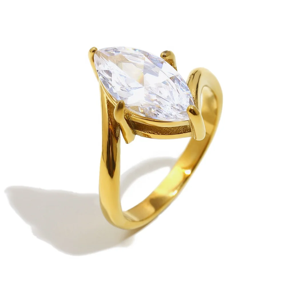 Commercio all'ingrosso tendenze gioielli di moda 18k oro placcato in acciaio inox anelli di fidanzamento minimalisti occhio di cavallo zircone anelli per le donne