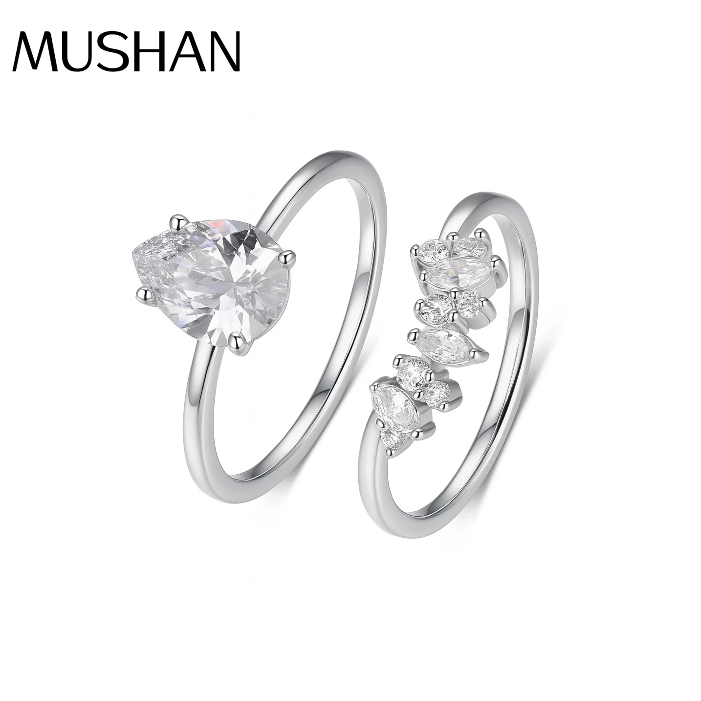 Set di Anelli in Argento S925 della Fabbrica di Gioielli MUSHAN Anello con Moissanite a Goccia e Set di Anelli Sovrapposti a Righe