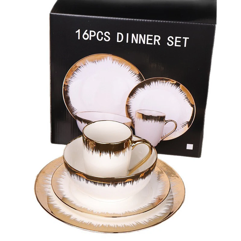 Vendita calda di lusso 16 pezzi moderno placcato oro ceramica da tavola Set da 16 pezzi ciotola Assiette tonda piatti con scatola di colore