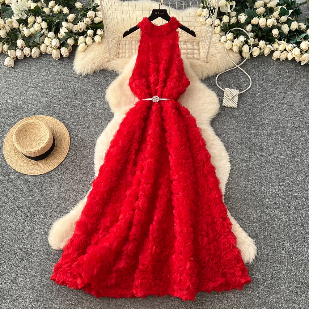 Abito lungo estivo da donna modello romano con scollo all'americana vestibilità slim stile casual senza maniche linea impero con dettagli 3D.