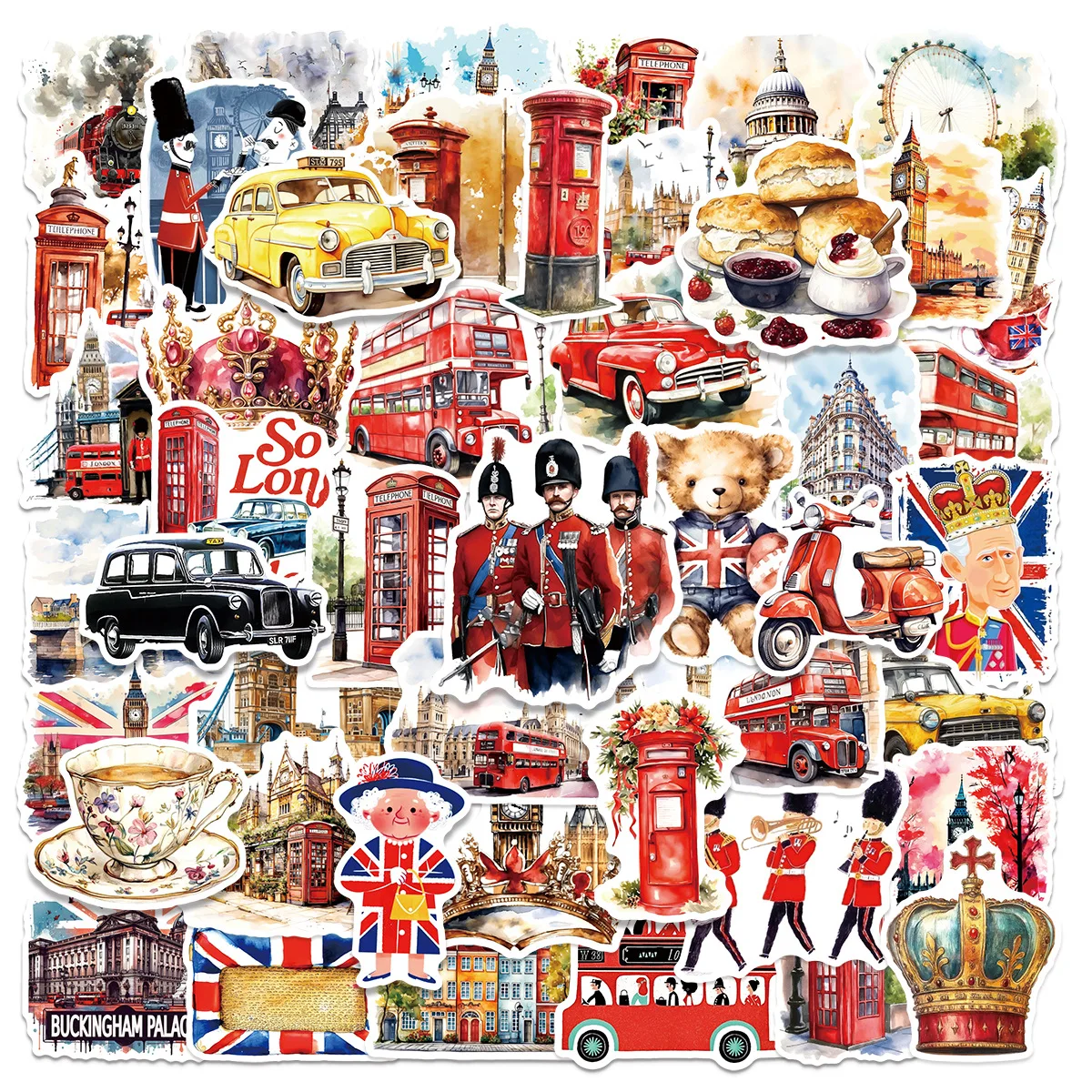 50 Pezzi di Adesivi Creativi con Graffiti di Londra in Stile Acquerello per Decorazione di Bagagli e Bottiglie Adesivi da Viaggio del Regno Unito e Inghilterra