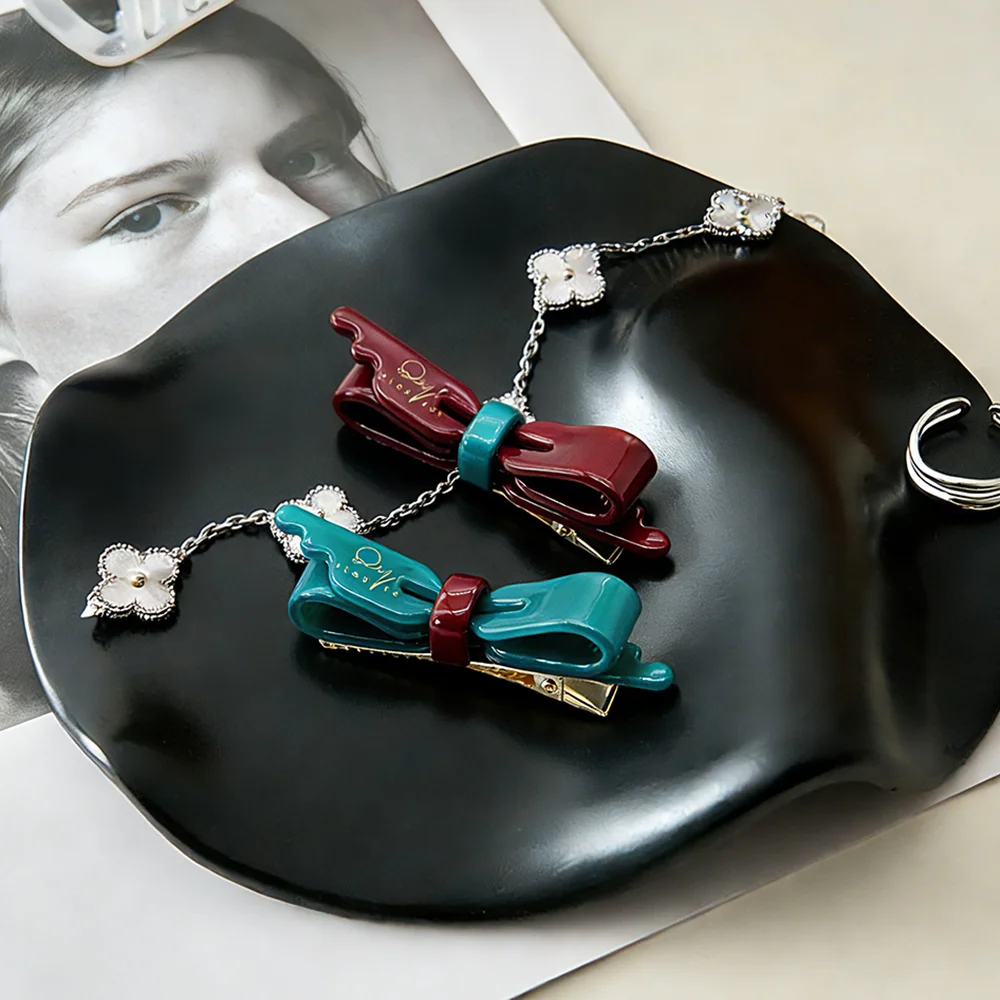 Fermagli per capelli in acetato color block con fiocco fermagli pendenti a quadrifoglio con strass fermagli per capelli personalizzati di lusso vintage alla moda