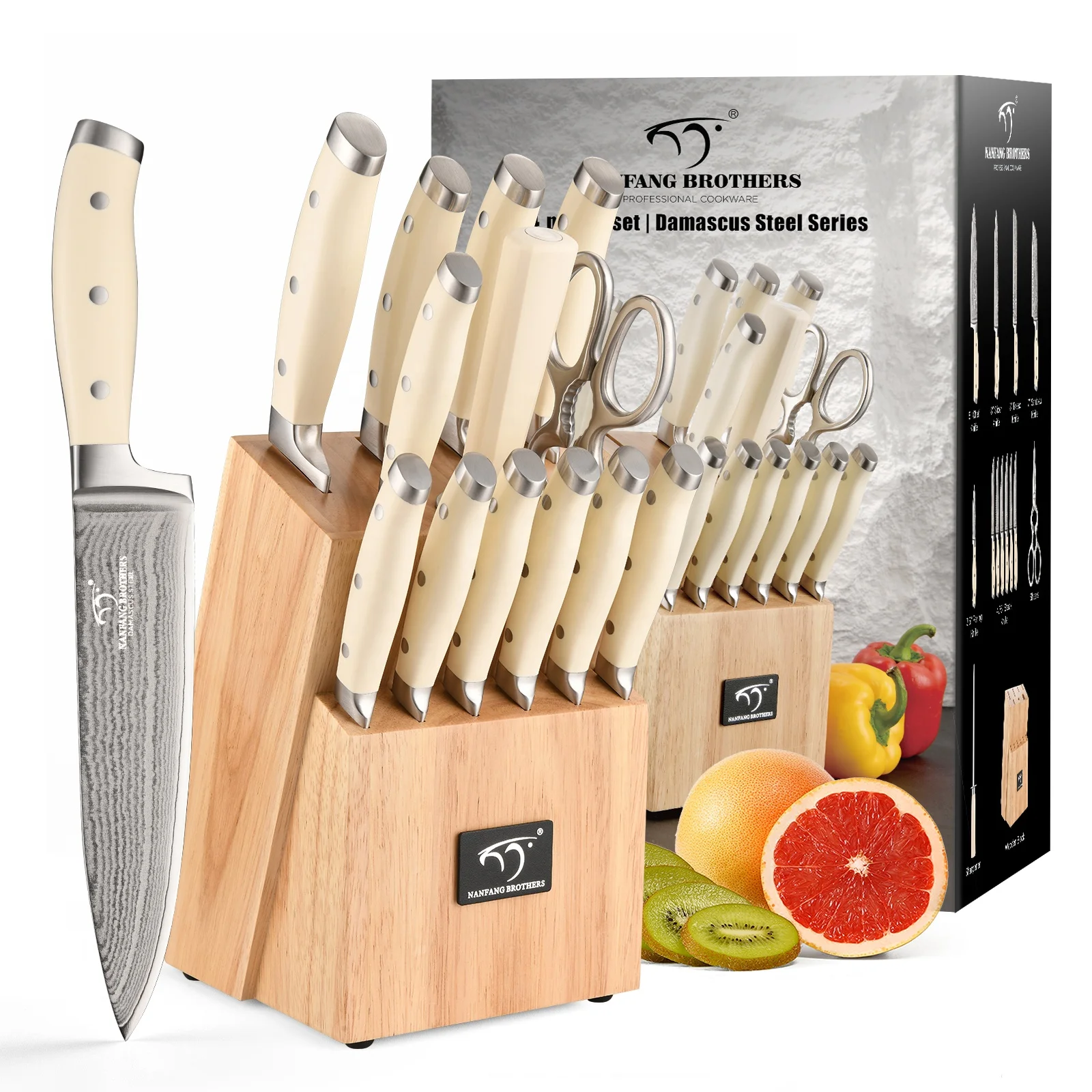 Set di coltelli da 14 pezzi per cucina con blocco coltelli Set di coltelli da cucina damasco impugnatura ergonomica in ABS per Set di coltelli da cucina