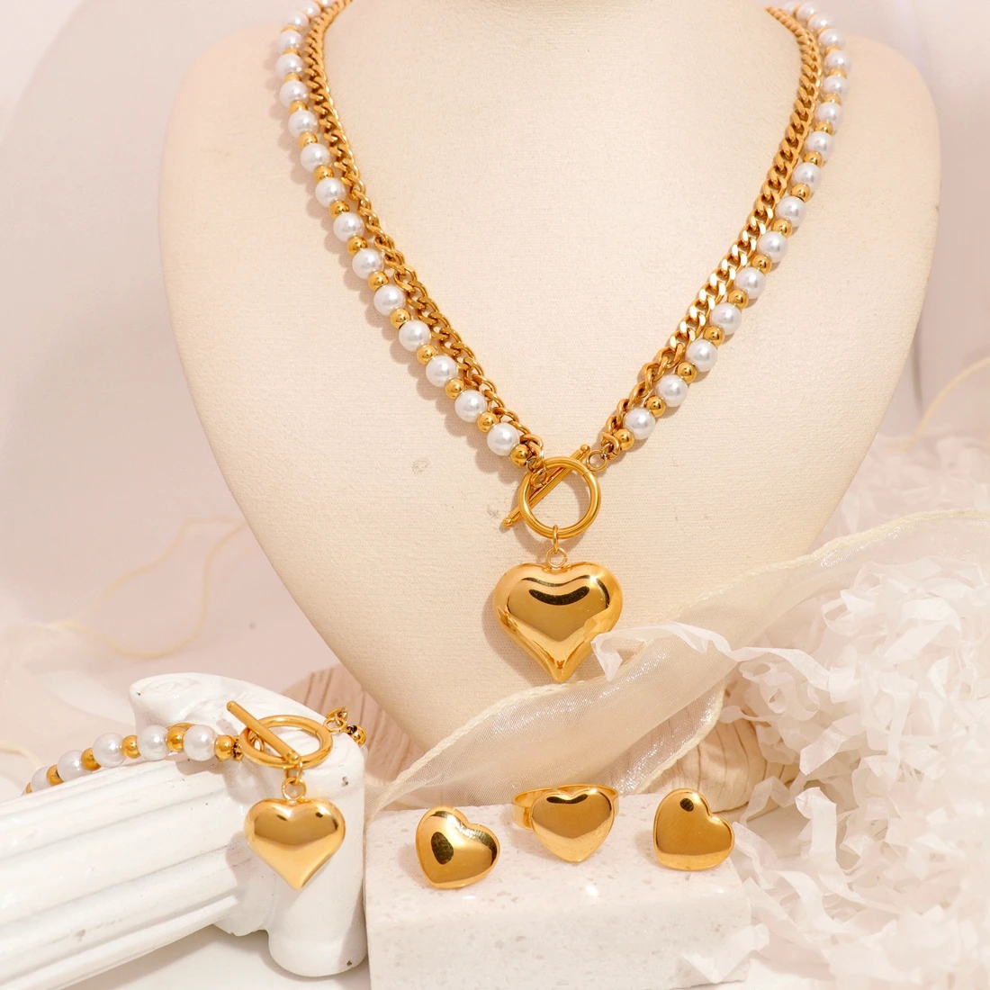 Set di gioielli 4 pezzi di moda personalizzato a doppio strato con catena a cuore di perle 18k placcato oro acciaio inossidabile collana orecchini anelli