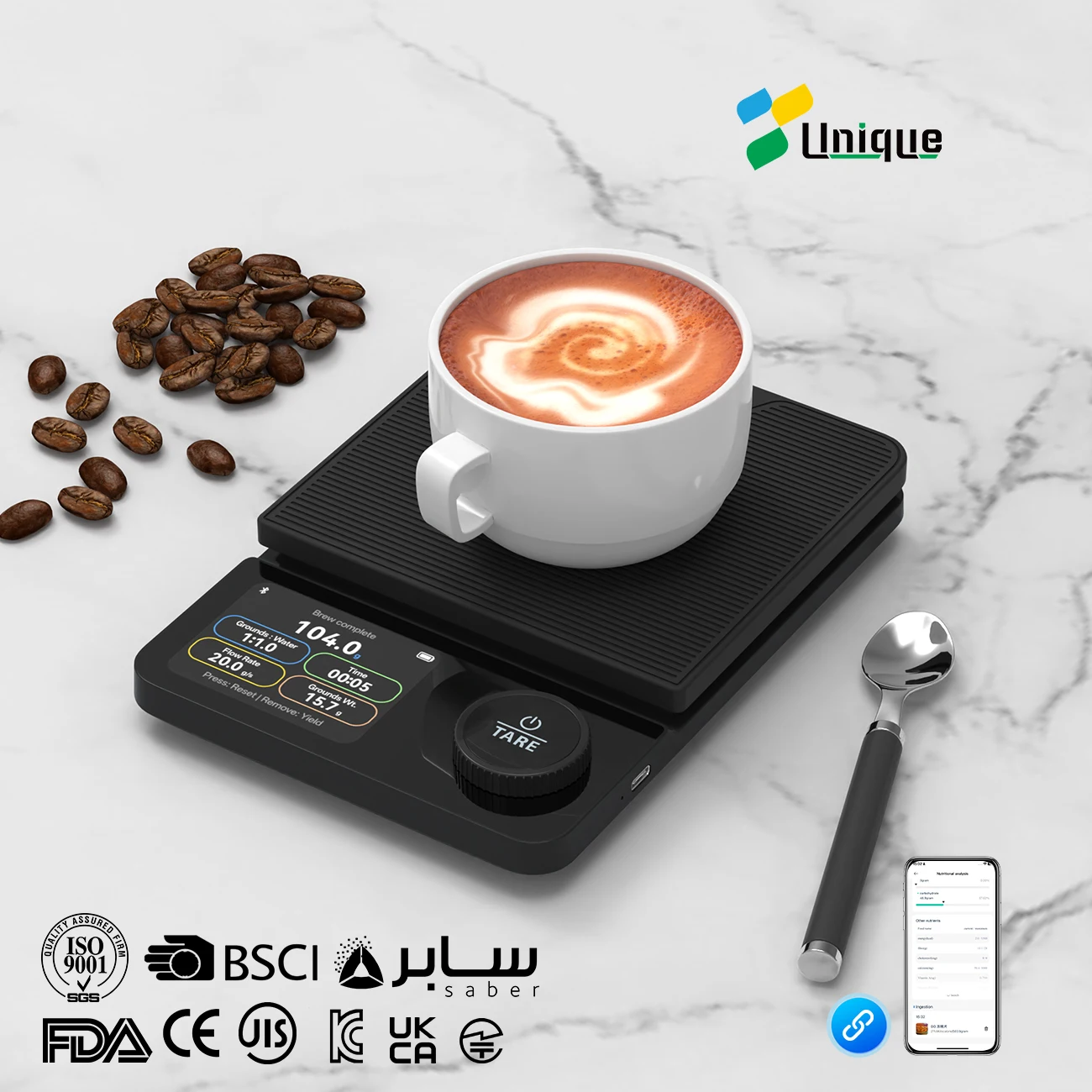 Bilancia da Caffè in Acciaio Inox Personalizzata Unica Bilancia Digitale Intelligente Portatile con Display TFT per Precisione di 1g Bilancia da Cucina