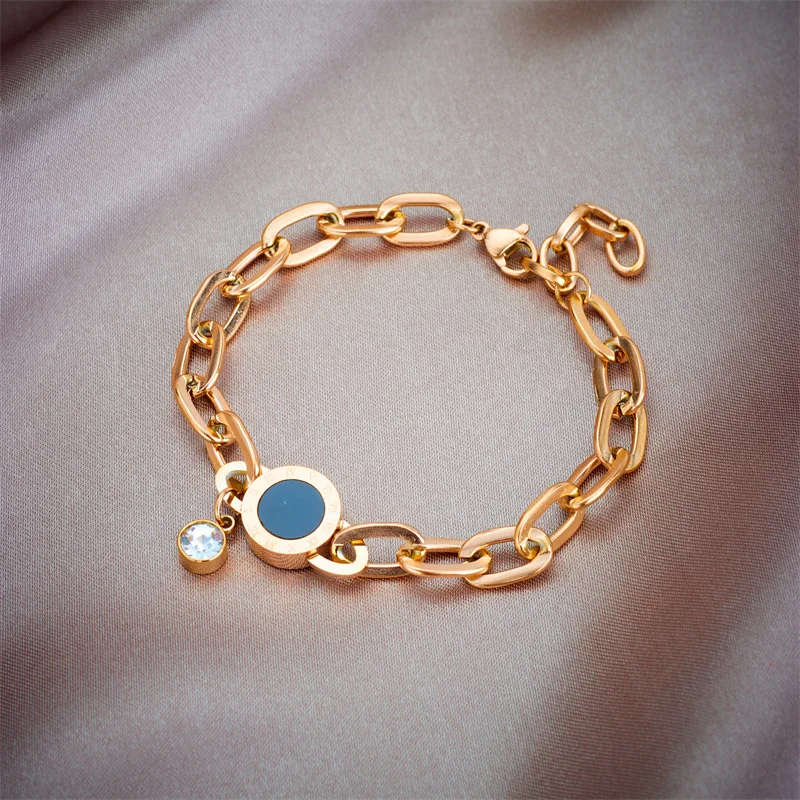 Gioielli di moda oro placcato 18k in acciaio inox CZ zircone cerchio incastro ciondolo bracciale in acciaio inox da donna