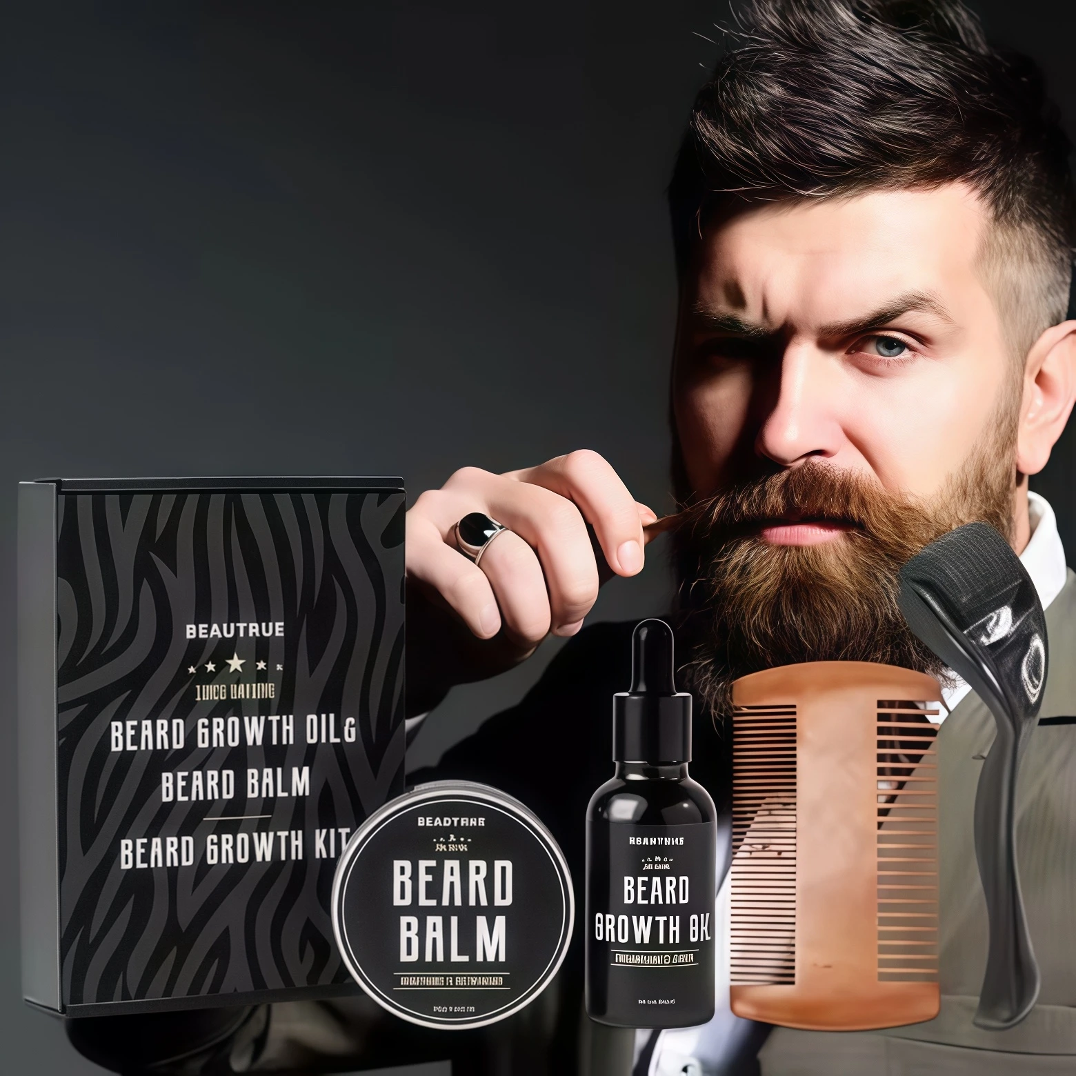 Kit per la crescita della barba con etichetta privata per uomo OEM Set per la crescita dell'olio per la barba naturale prodotto idratante