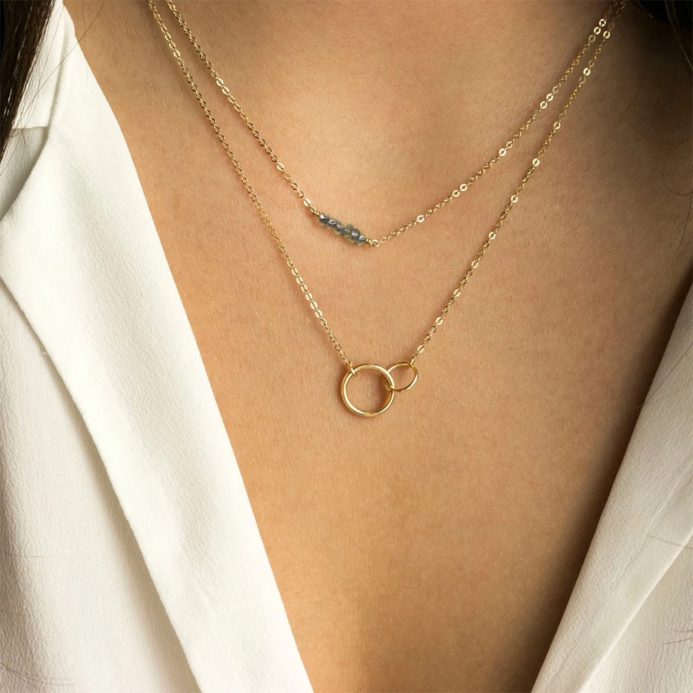 EManco Set Collana da Donna Certificata Trendy in Acciaio Inossidabile Placcato Oro 14K con Catena a Maglie e Doppio Strato di Perline e Ciondoli a Cerchio