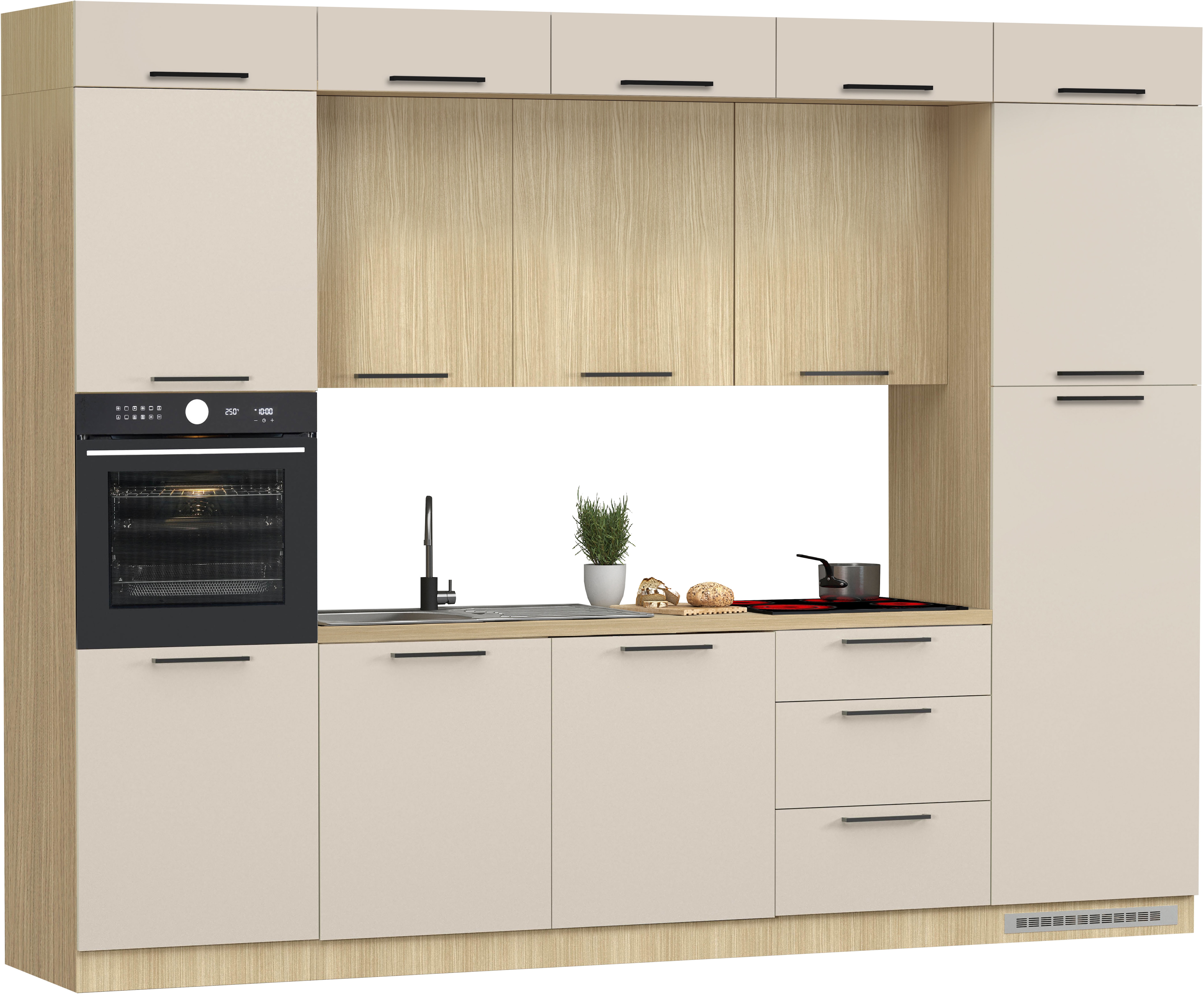 Küchenzeile KOCHSTATION "Luna, Einbauküche, Zeilenküche, mit Soft-Close Funktion, Made in Italy", küche: natur, front: kaschmir, eiche chopin, korpus: eiche chopinfarben, arbeitsplatte: eiche chopinfarben, B:300cm H:232cm T:60cm,... Image