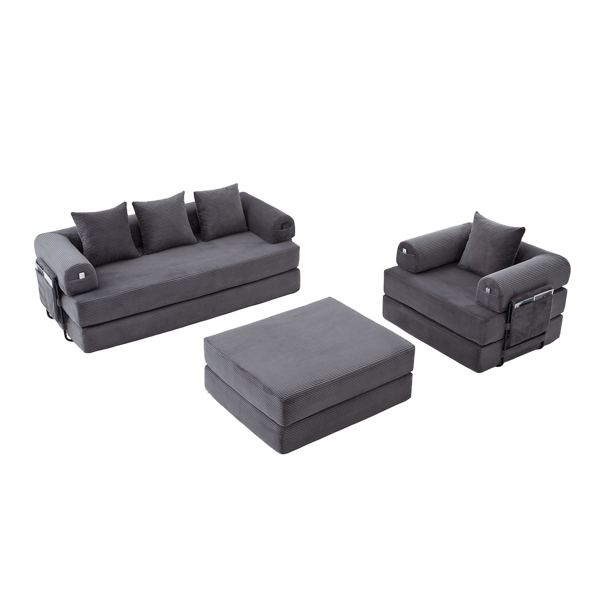 Merax Modulares Cord Sofa Set, 3-Sitzer Sofa + Einzelsessel mit Hocker, inkl. 4 Kissen & Seitentasche, Dunkelgrau Image
