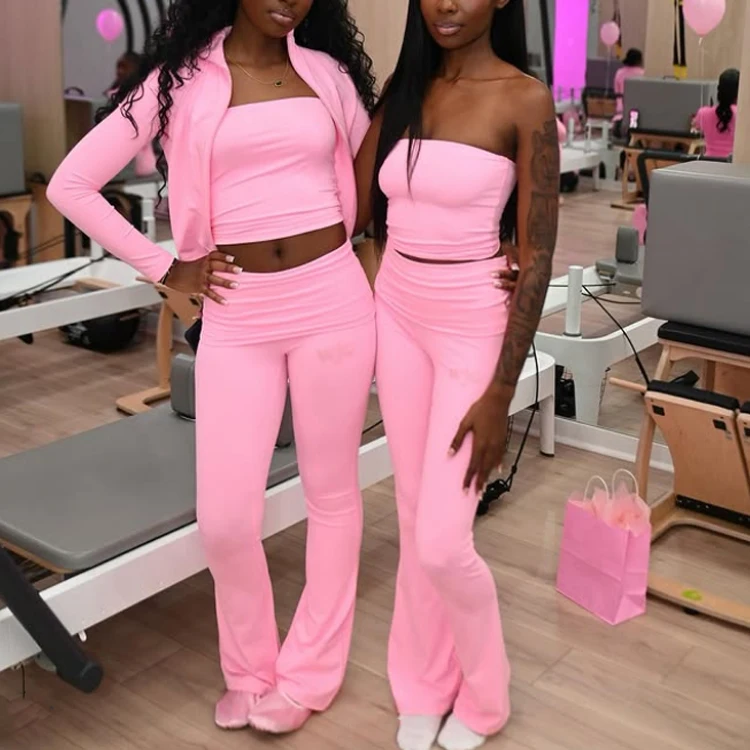 Giacca con cerniera con Logo personalizzato donna autunno donna con pantaloni a zampa in tubo Top allenamento Fitness palestra tuta donna abbigliamento Yoga