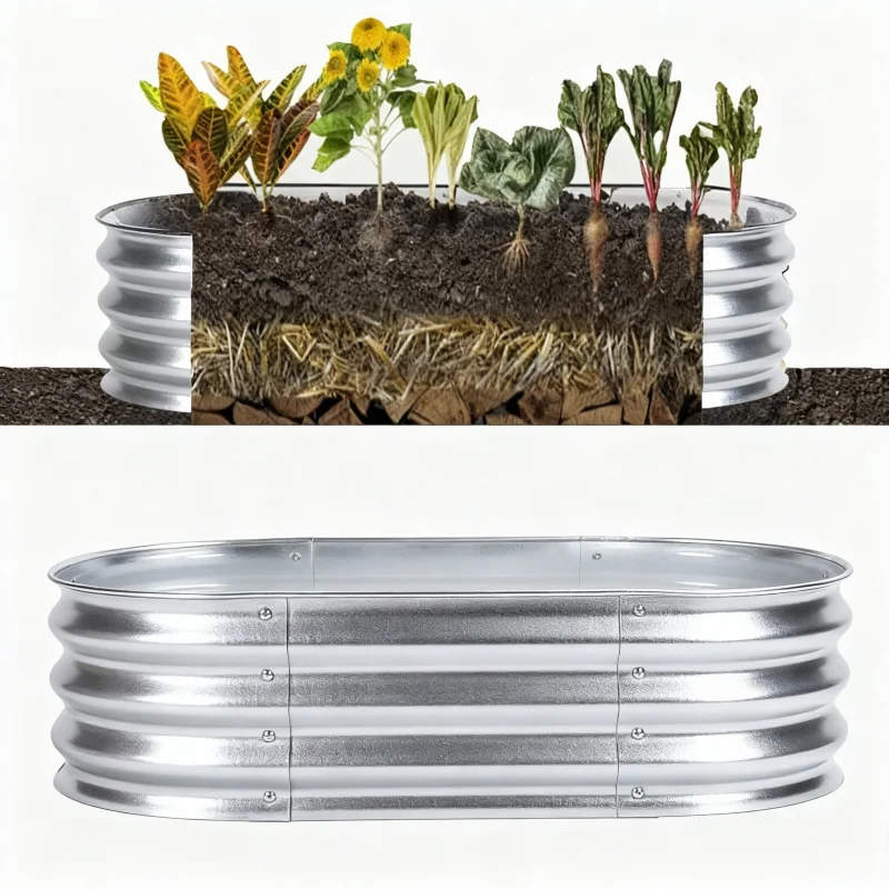 Land Guard verzinktes, erhöhtes Gartenbett, ovales, großes Pflanzkasten-Set aus Metall für den Garten, Gemüse, Blumen, Kräuter, Pflanzen im Freien Image