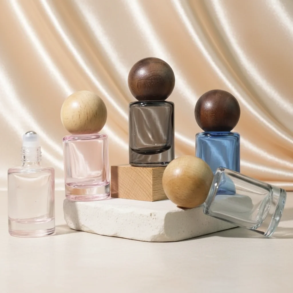 Flacone Roll-on Vuoto da 10ml in Vetro Trasparente Blu Ambrato Rosa Satinato per Oli Essenziali Profumi Cosmetici con Tappo Rotondo in Legno di Lusso