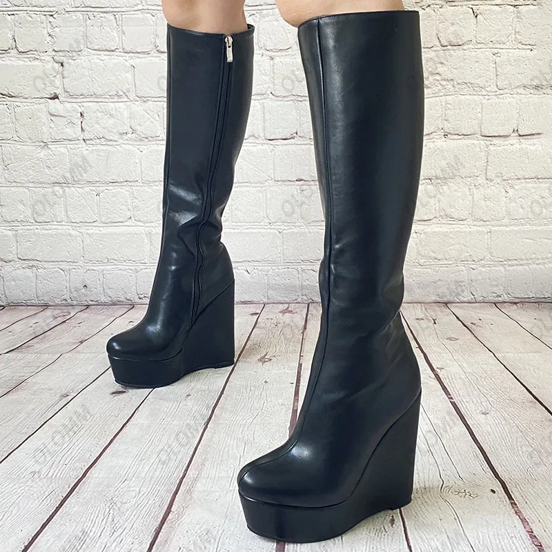 Olomm Neue Damen Winter Kniehohe Stiefel Steifes Kunstleder Seitlicher Reißverschluss Keile Absätze Runde Zehen Schwarze Schuhe Plus US-Größe 5-20