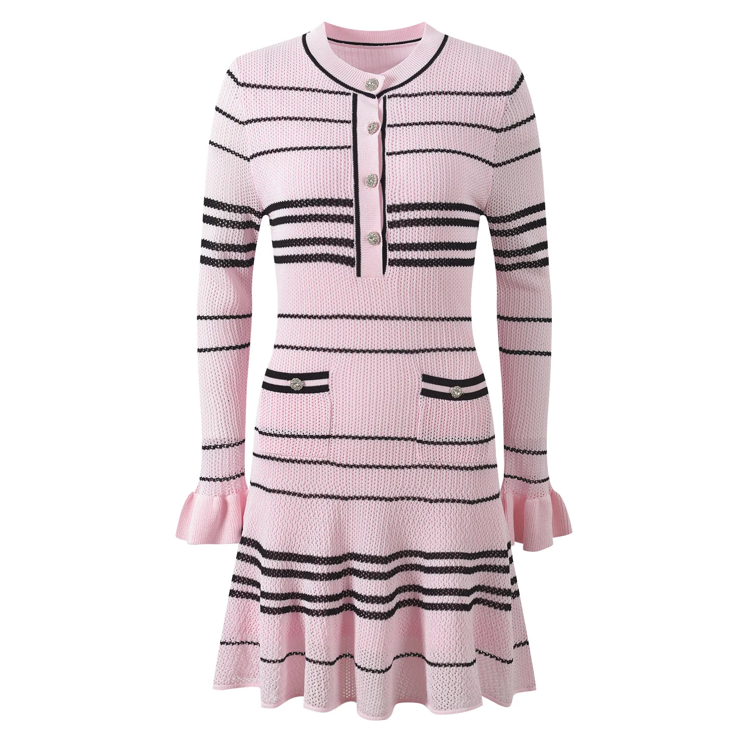 Abiti Mini Eleganti da Donna Primavera-Estate 2026 Stile Raffinato Collo Tondo Maniche Lunghe Maglia a Righe Linea ad A