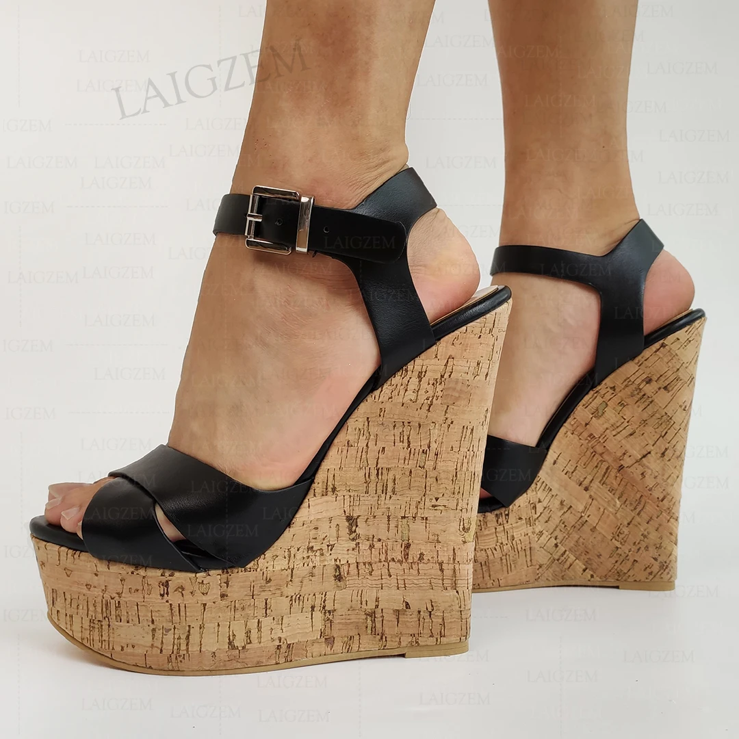 DOHBANER Damen-Sandalen, Plateau-Keile, höhenvergrößernde Pumps, Kunstleder, Damen-Knöchelriemen-Schuhe, große Größe 41, 43, 45, 52