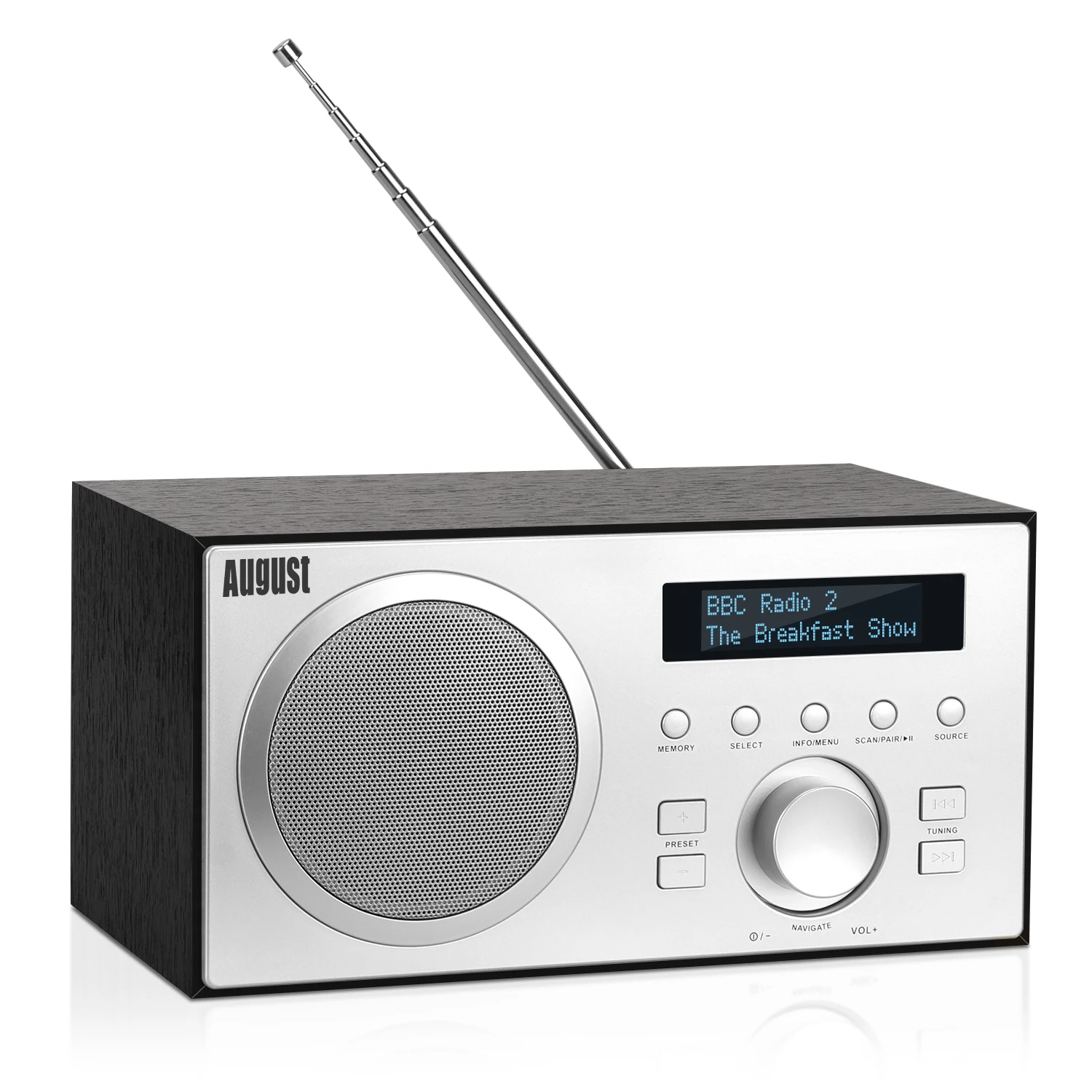 August MB420 DAB FM Bluetooth bois Radio terrestre USB, lecteur numérique et analogique Hifi réveil écouteur Jack-noir
