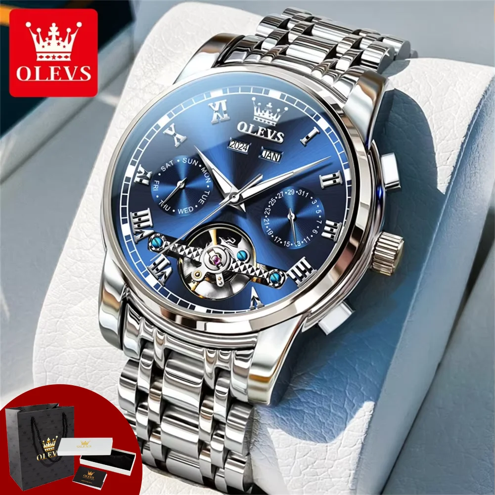 OLEVS 6607 Automatische Männer Uhren Geschenk Box Set Skeleton Schwungrad Luxus Marke Original Mann Uhr Wasserdichte Mechanische Armbanduhr