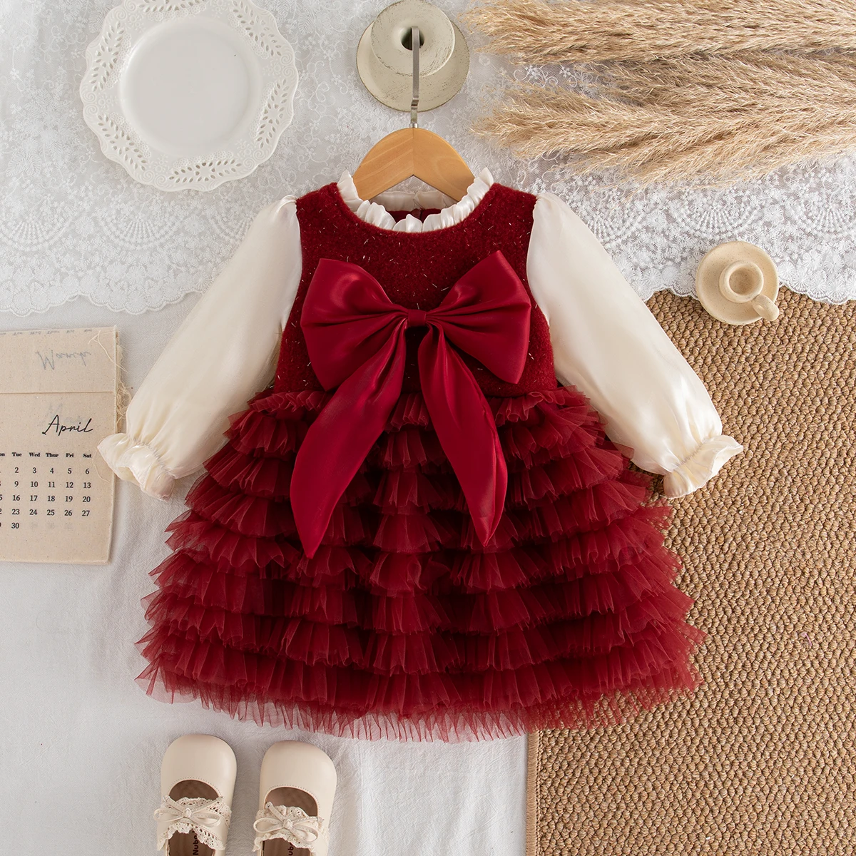 Mädchen Kleider Winter Baumwolle Farbe Blockiert Schleife Pailletten Mesh Langarm Baby Mädchen Kleid Süße Und Flauschige Weihnachten Baby Kleidung Image