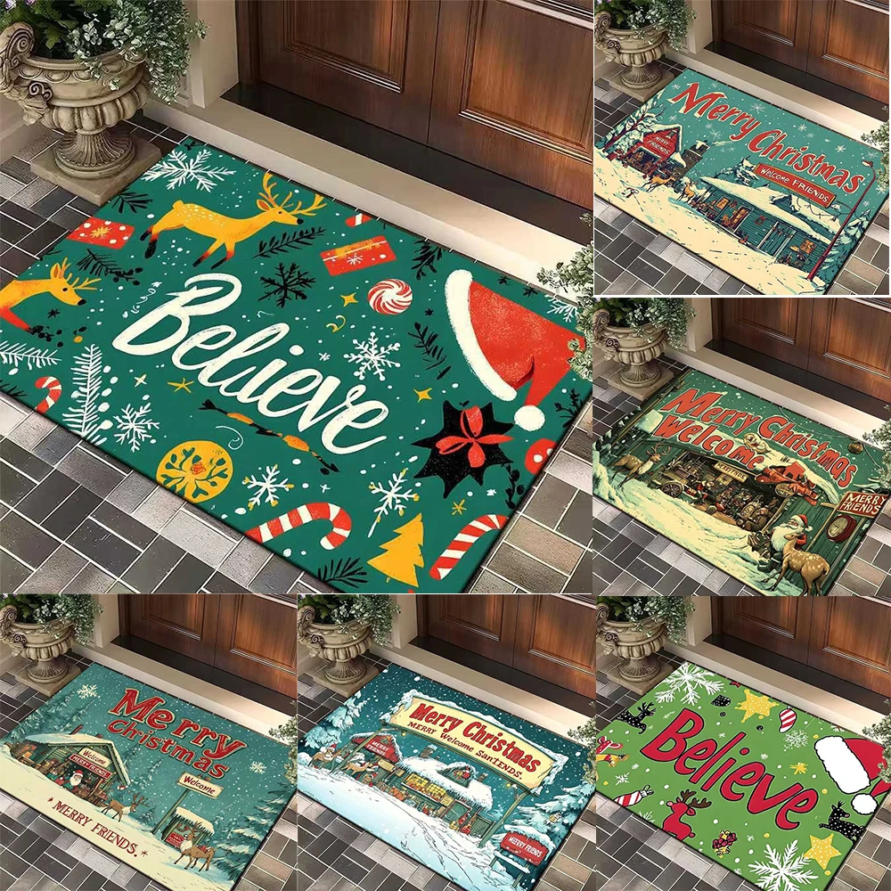 Fußmatte mit Weihnachtsmotiv, Frohe Weihnachten, Rentier, Schneeflockenmuster, rutschfester Teppich für Haustür, Eingangsbereich, Weihnachtsfeier-Dekoration