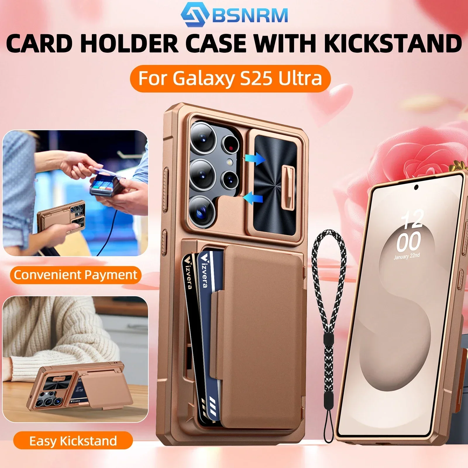 Für Samsung Galaxy S25 Ultra (Gold)Hülle – Ganzkörperschutz mit Kartenhalter (4 Karten), Kamerabdeckung und Ständer Image