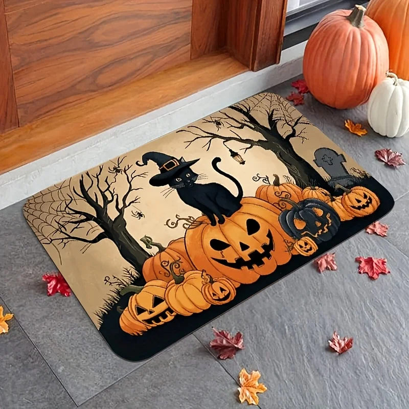 VIKAMA Halloween Gruselige Atmosphäre Schwarze Katze Kürbis Fußmatte Samt Korridor Badezimmer Eingang Waschküche Heimdekoration Image