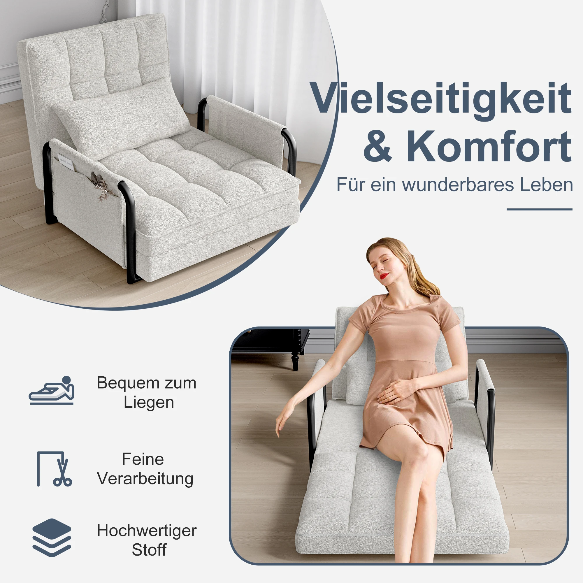 Anajqaqia Klappbares Schlafsofa mit Verstellbarer Rückenlehne und Kissen, Chaiselongue, 2 Taschen, für Schlafzimmer Wohnzimmer, Offwhite Image