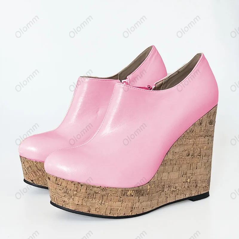 Olomm Handgemachte Damen-Plateau-Pumps mit Keilabsatz, Charm, runde Zehen, Beige, Weiß, Rosa, Freizeitschuhe für Damen, Übergröße, US-Größe 5–20