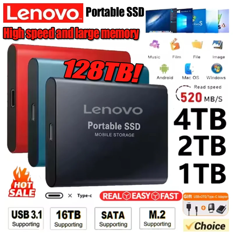 Lenovo Portable SSD Original Externe Festplatte USB 3.1 Typ-C Hochgeschwindigkeits-Solid-State-Laufwerk 2TB 4TB 8TB Massenspeicher für Laptop/Mac/PC Image