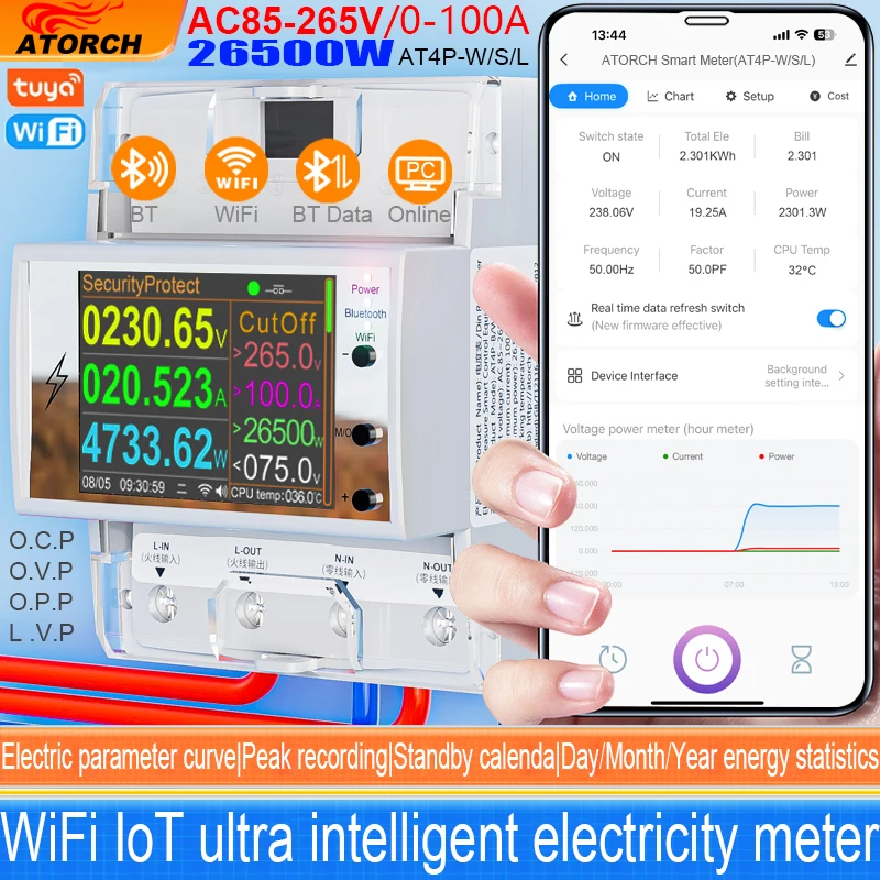 AT4PW AC85-265V 100A Tuya WIFI Din-schiene Smart Switch Fernbedienung Digital Power Energie Volt Amp Kwh Frequenz Faktor Meter Image
