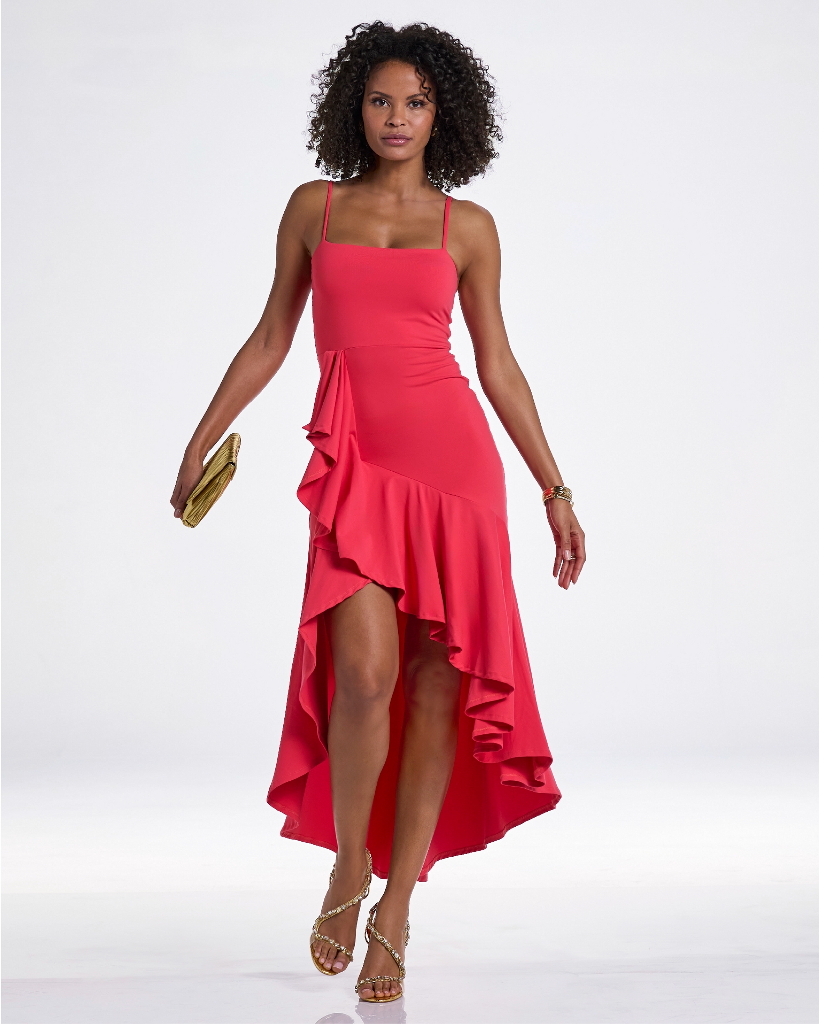 jonathan simkhai speckle print asymmetric ruffle dress SIMKHAI Speckle Print Asymmetric Ruffle Dress in Hibiscus & Red Print