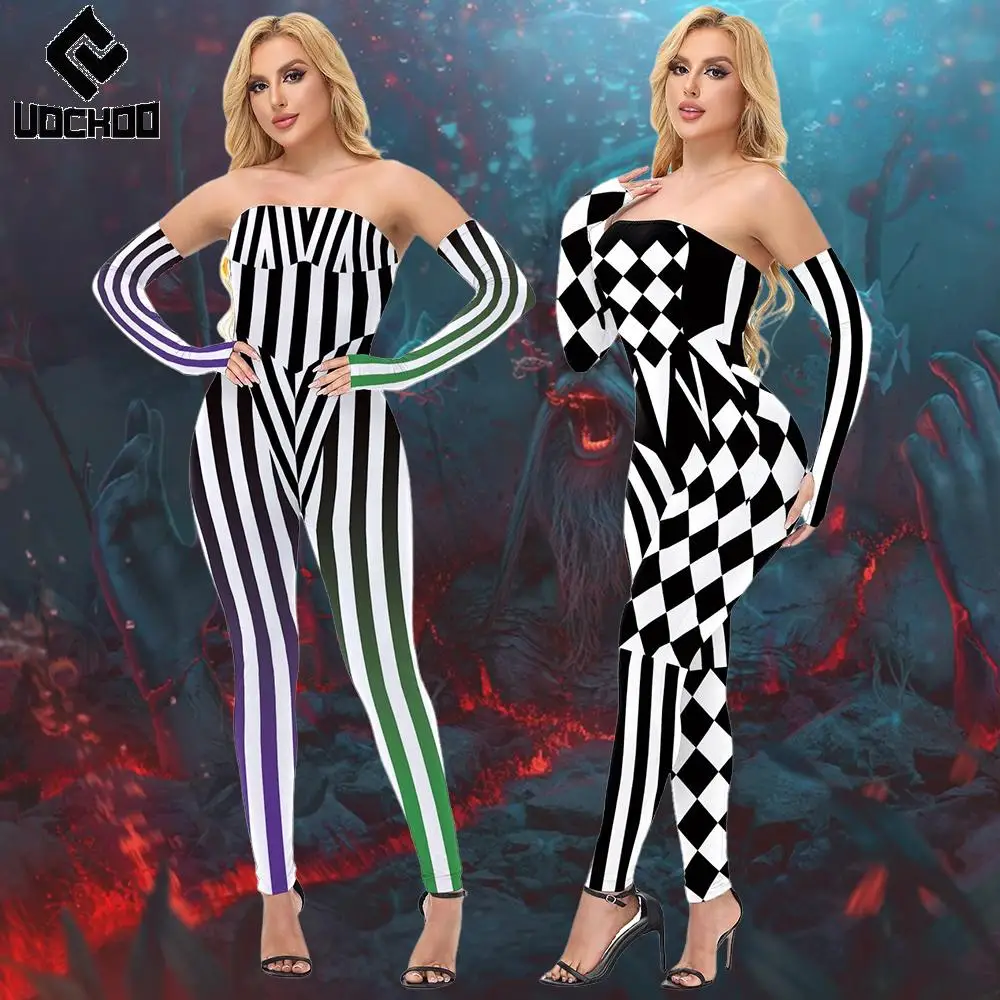 Tuta da regina degli scacchi neri Costume cosplay da scacchiera Vestito da clown Abiti da festa Joker Tute di carnevale per donne di Halloween